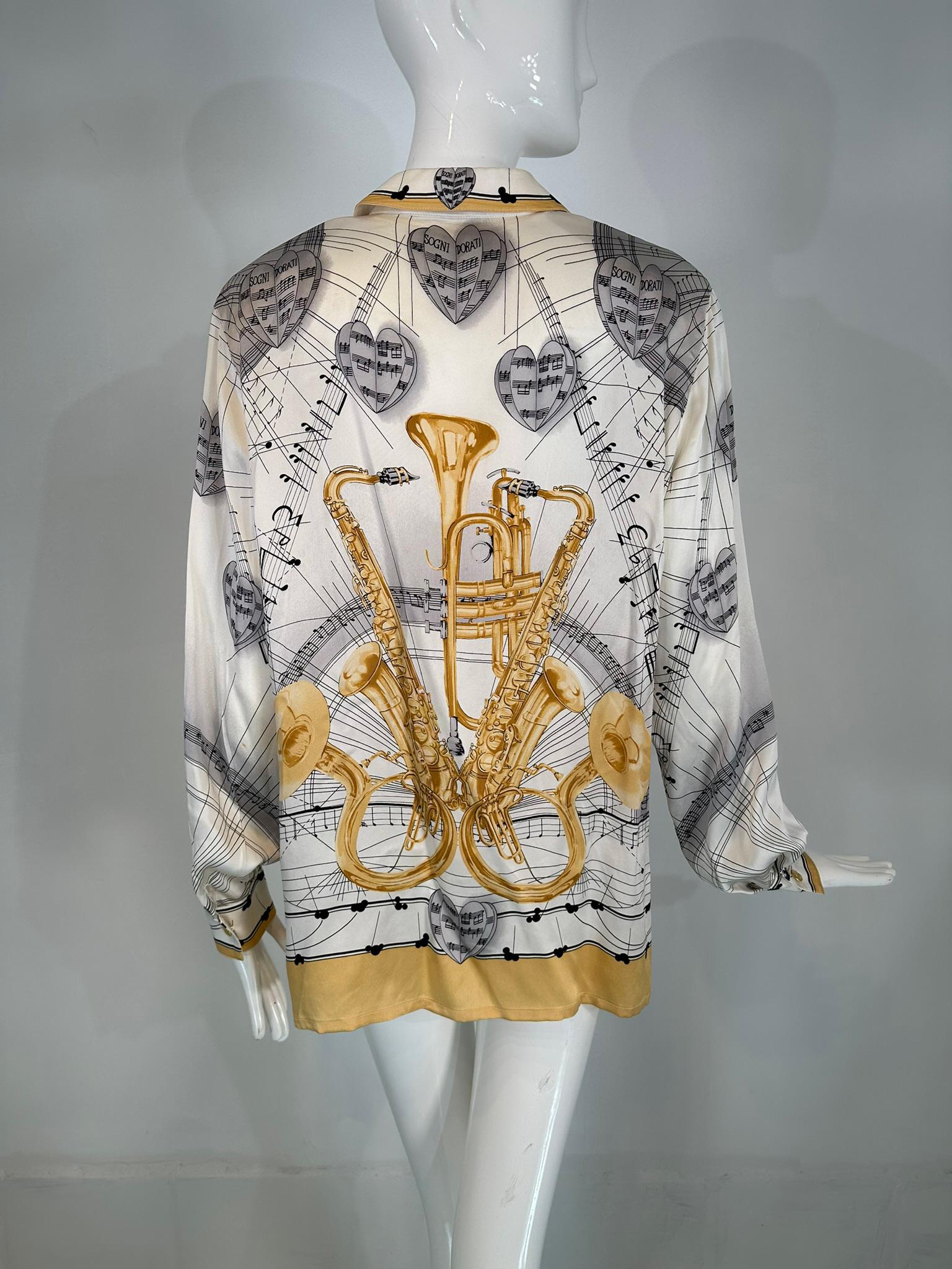 Escada Margaretha Ley Musical Theme Silk Print Blouse 1980s 42 For Sale 2