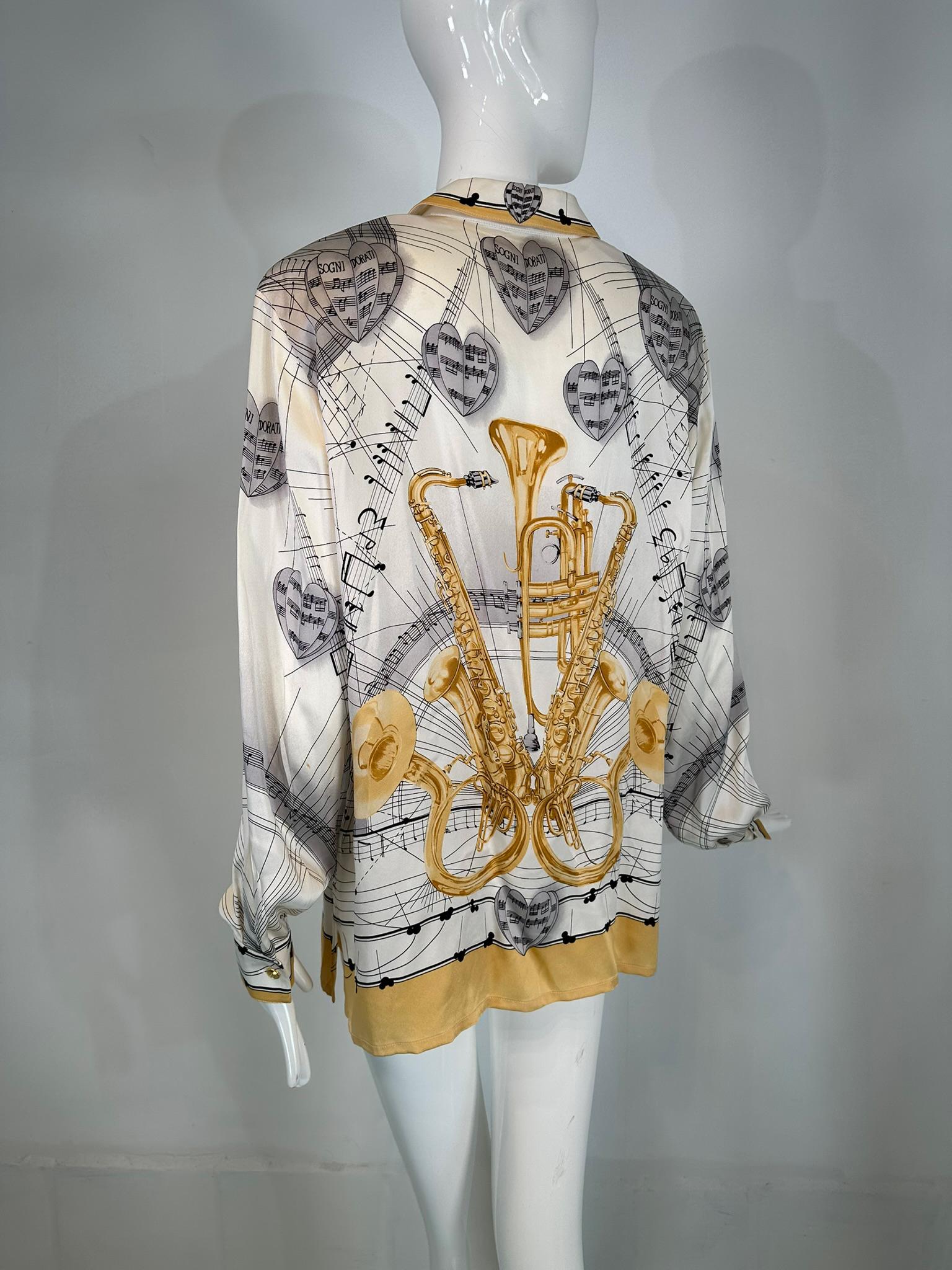Escada Margaretha Ley Musical Theme Silk Print Blouse 1980s 42 For Sale 3