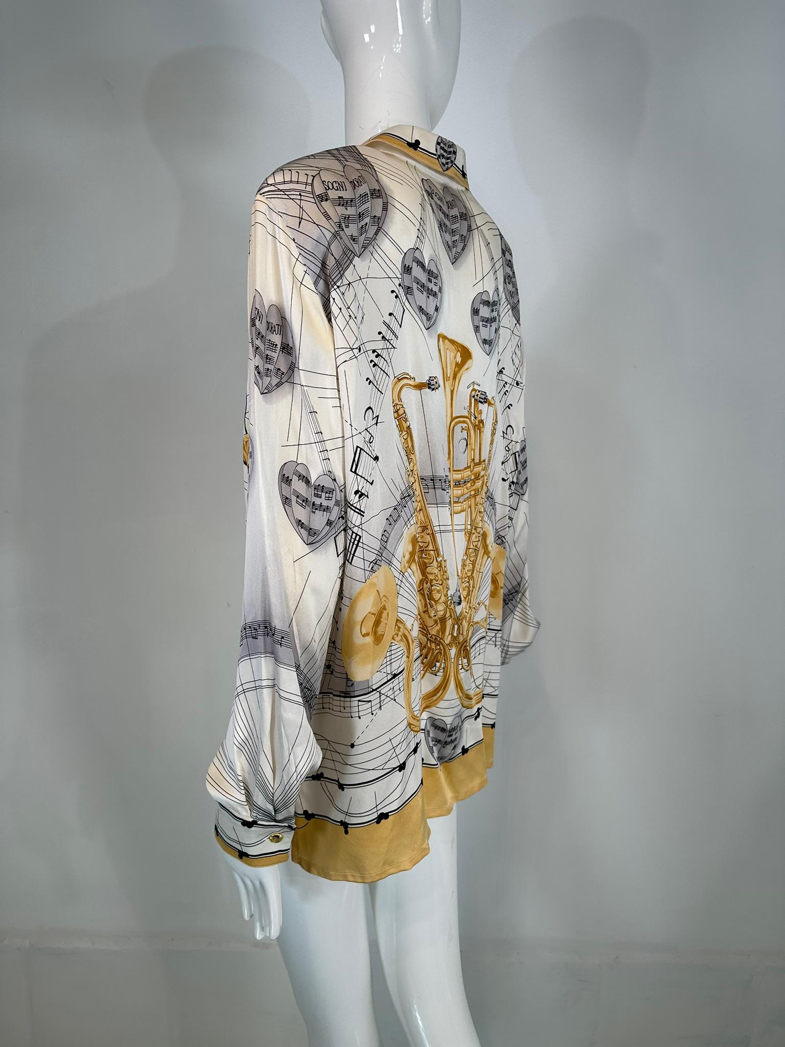 Escada Margaretha Ley Musical Theme Silk Print Blouse 1980s 42 For Sale 4
