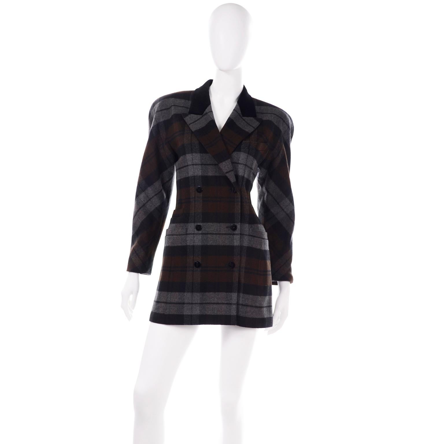 Escada by Margaretha Ley jackets will always be a staple in our collection. We really  love this incredible vintage 1980's double breasted grey and brown plaid wool blazer. The colors are charcoal, grey, black, and chocolate brown. This is a long