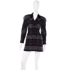Escada Margaretha Ley Plaid Wool Blazer Longline Jacket in Gray & Brown Plaid