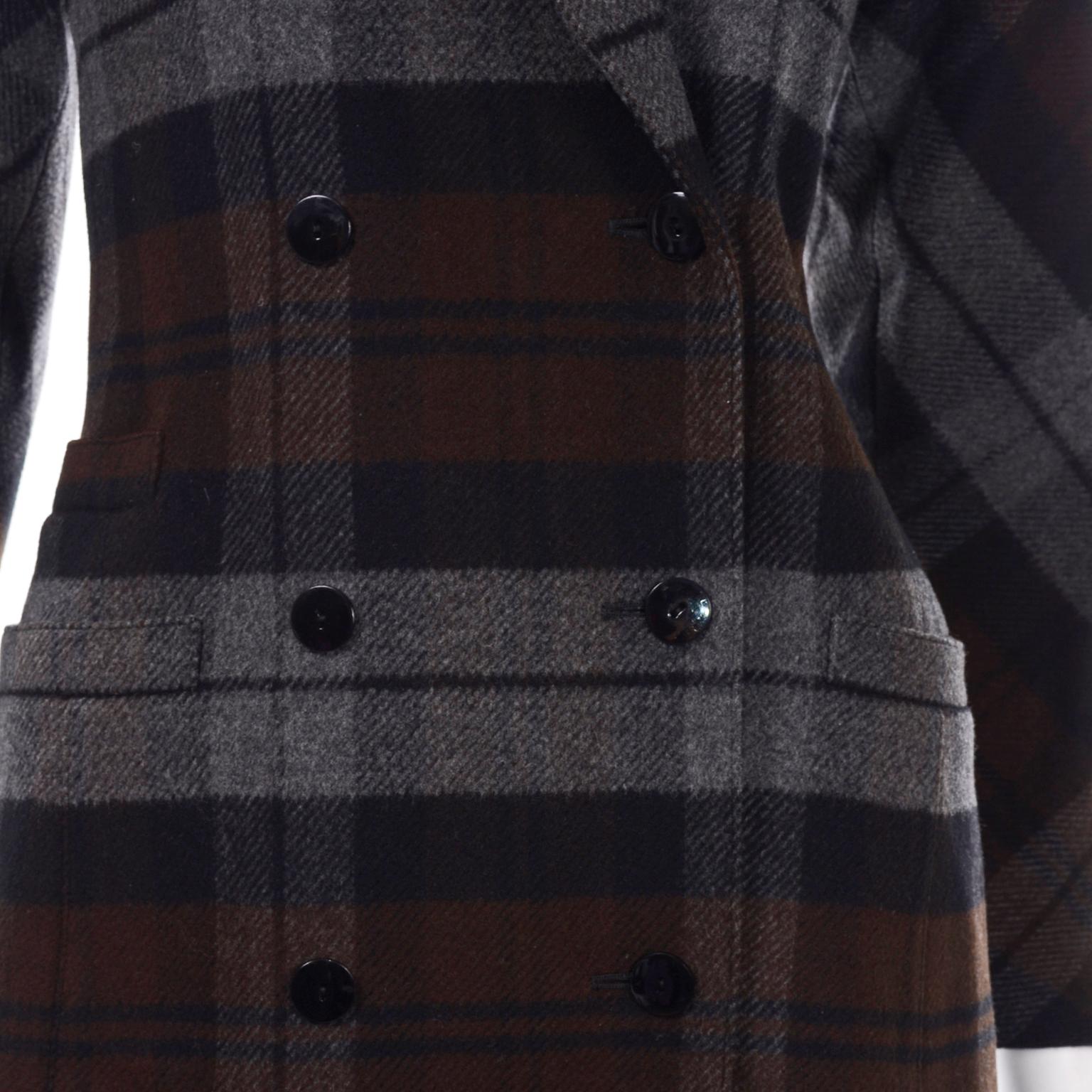 Women's Escada Margaretha Ley Plaid Wool Blazer Longline Jacket in Gray & Brown Plaid For Sale