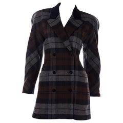 Escada Margaretha Ley Plaid Wool Blazer Longline Jacket in Gray & Brown Plaid