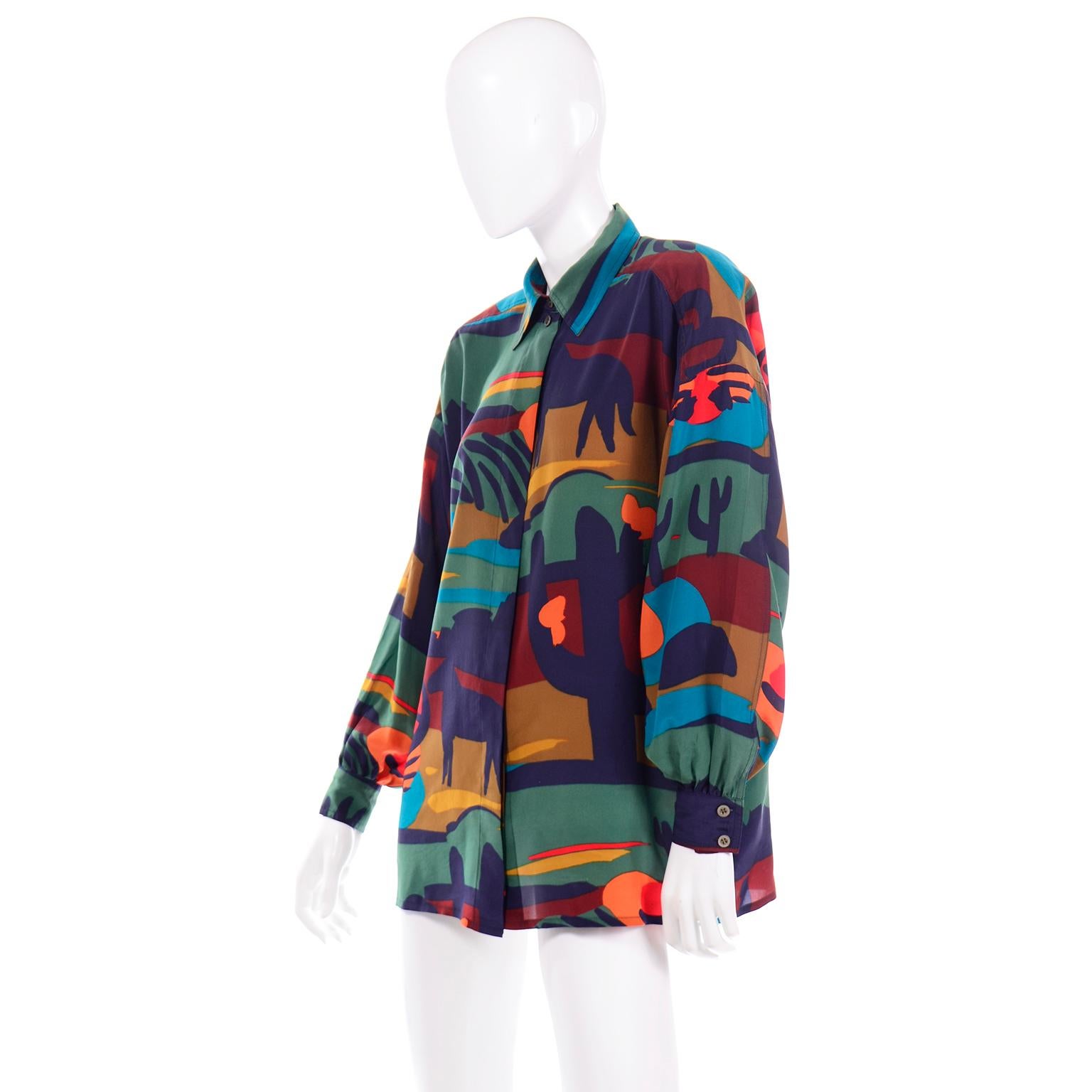 Women's Escada Margaretha Ley Top 1980s Vintage Western Theme Long Sleeve Silk Blouse