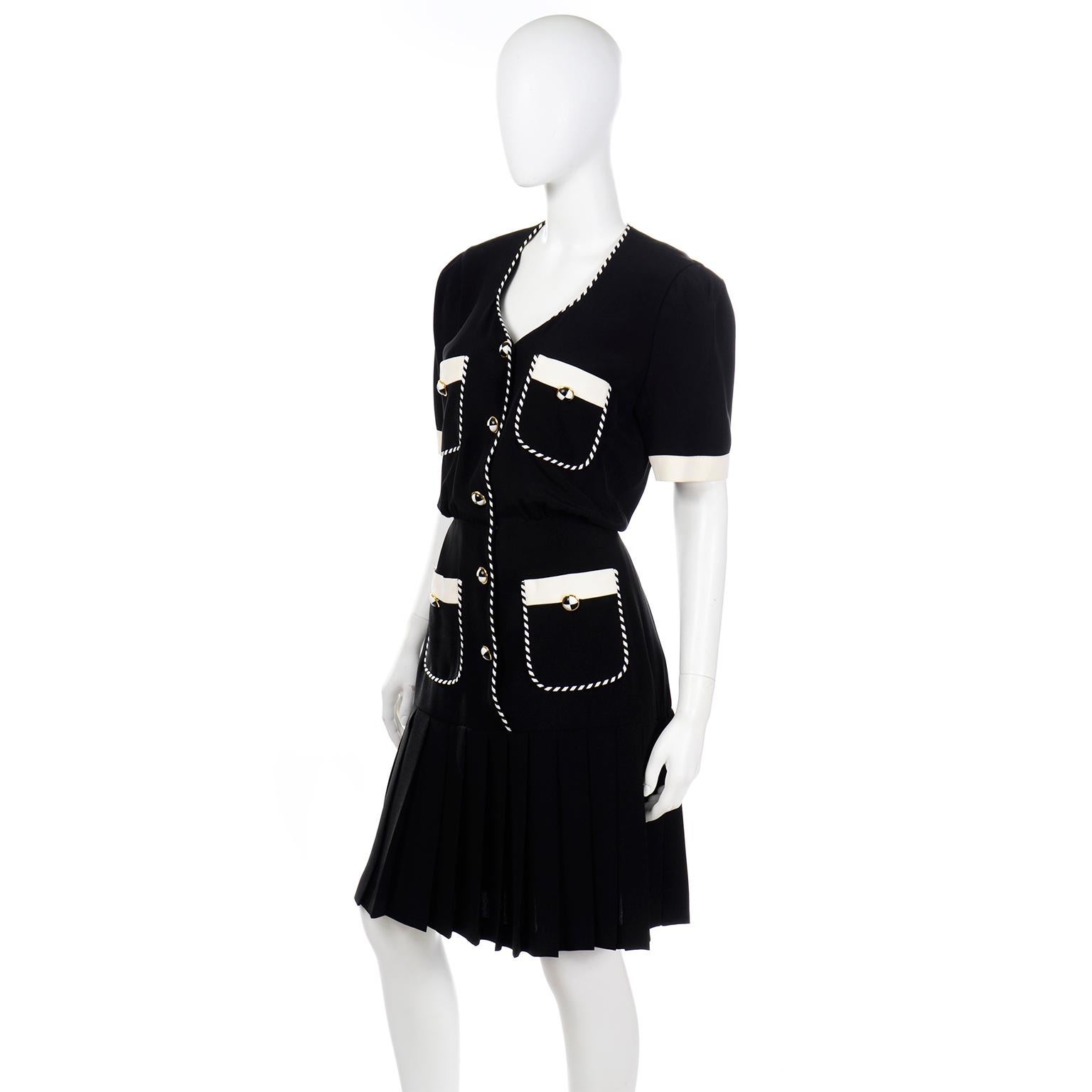 Women's Escada Margaretha Ley Vintage Black & White Dress w/ Striped Piping & Pockets