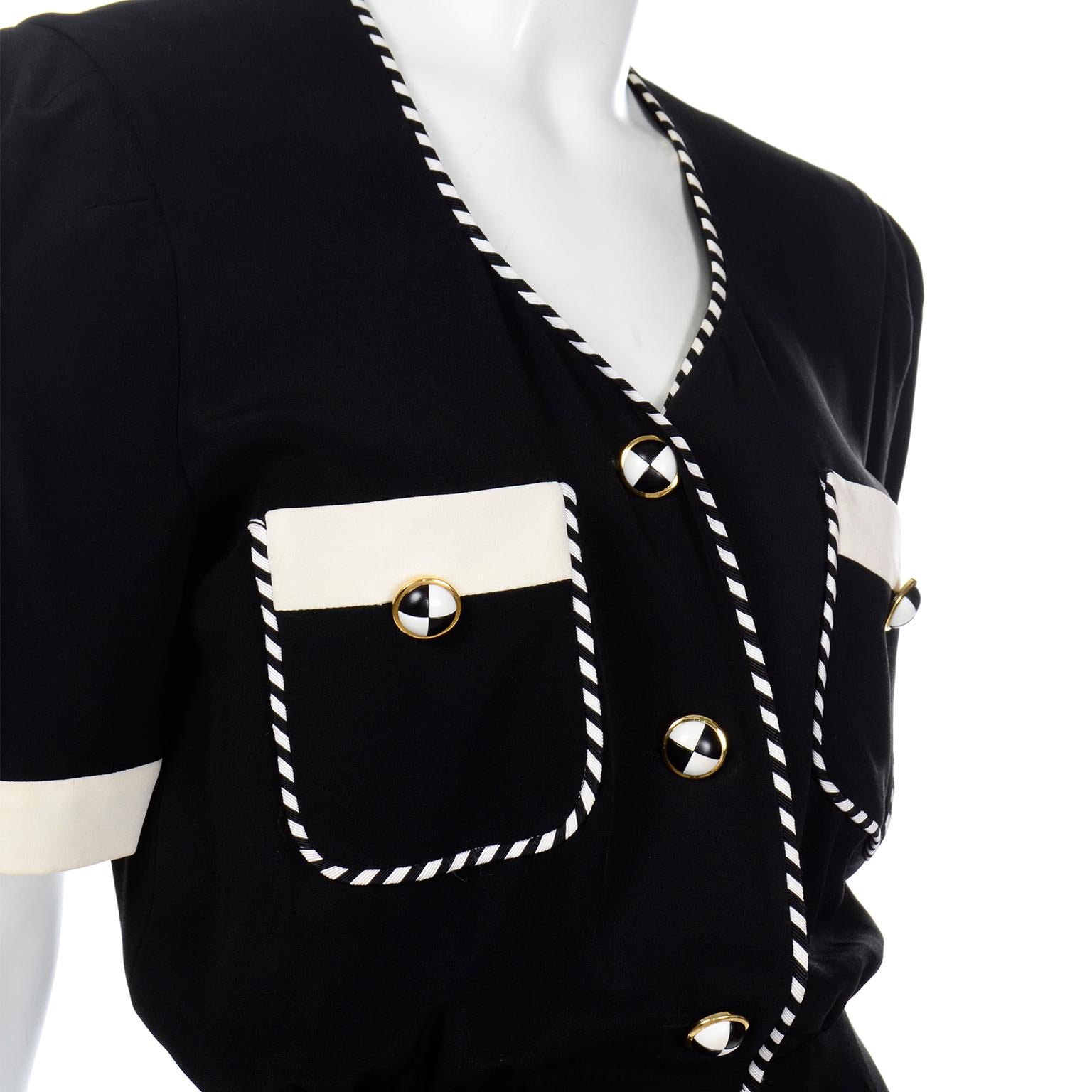 Escada Margaretha Ley Vintage Black & White Dress w/ Striped Piping & Pockets 1