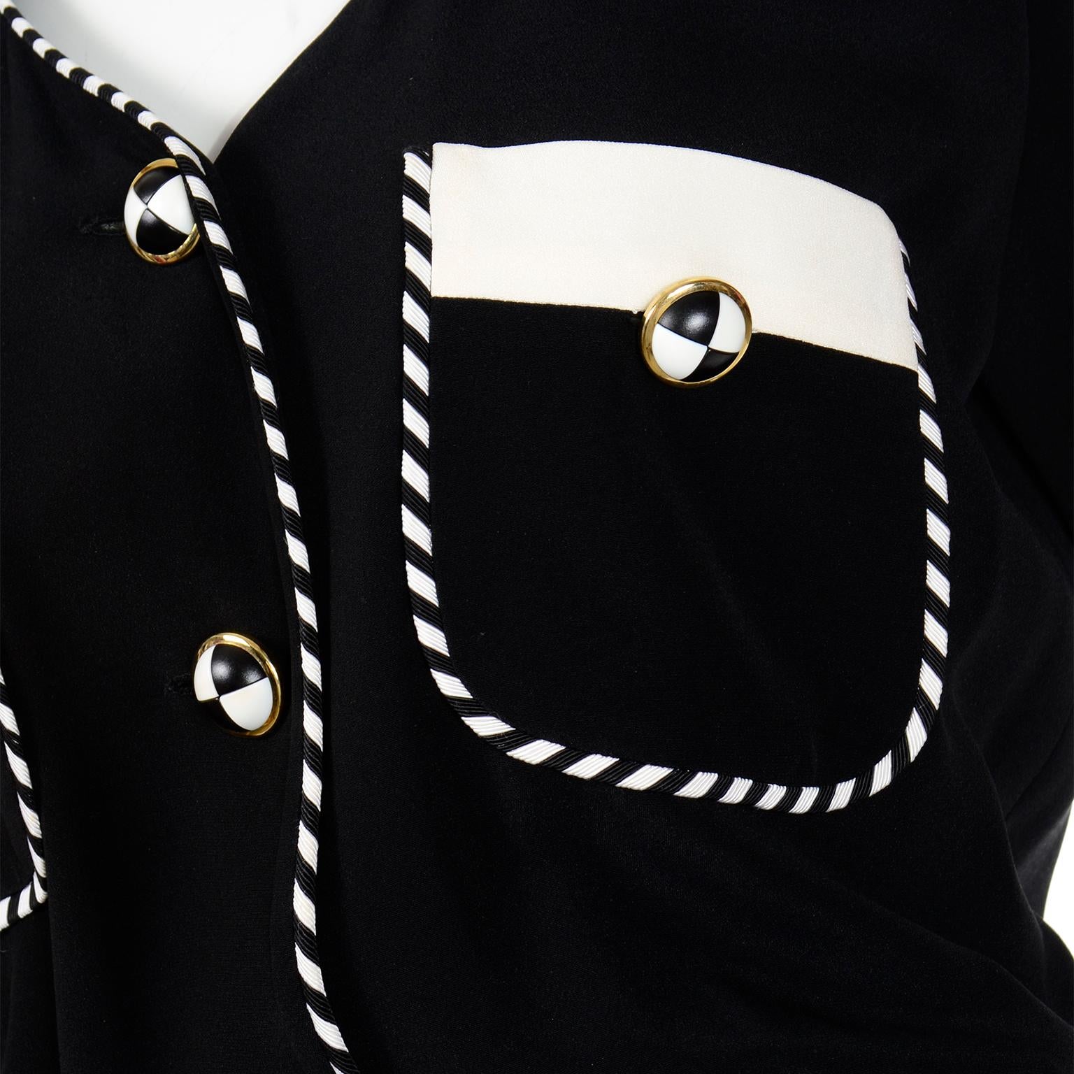 Escada Margaretha Ley Vintage Black & White Dress w/ Striped Piping & Pockets 2