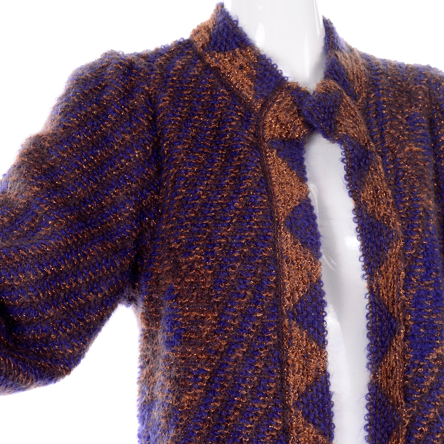 Escada Margaretha Ley Vintage Blue & Copper Mohair Wool Long Cardigan Sweater For Sale 2