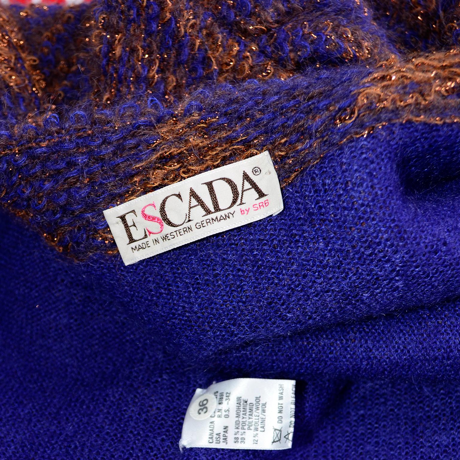 Escada Margaretha Ley Vintage Langer Strickjackenpullover aus Mohairwolle in Blau & Kupfer im Angebot 8