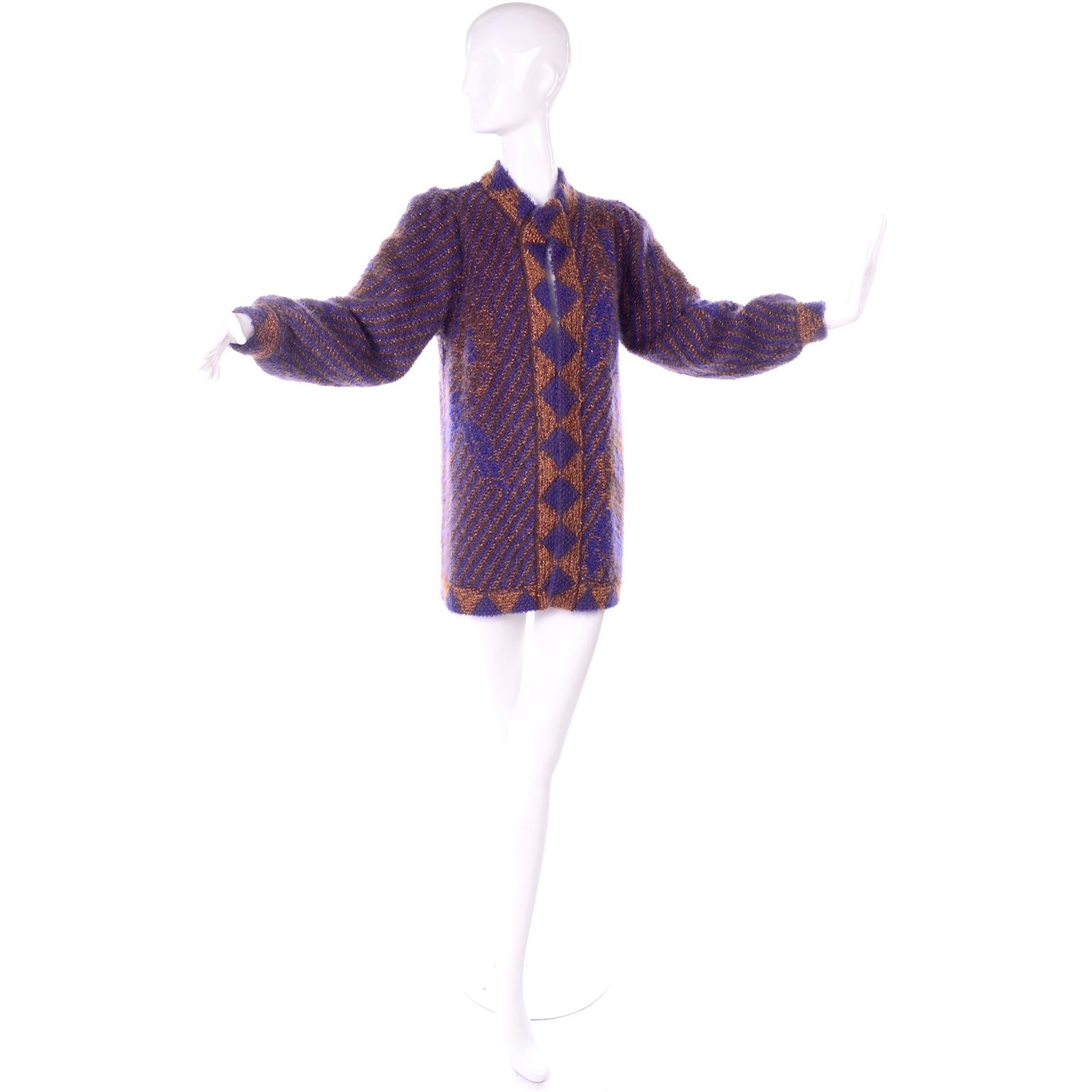 Noir Cardigan long en laine mohair bleu et cuivre vintage Escada Margaretha Ley en vente