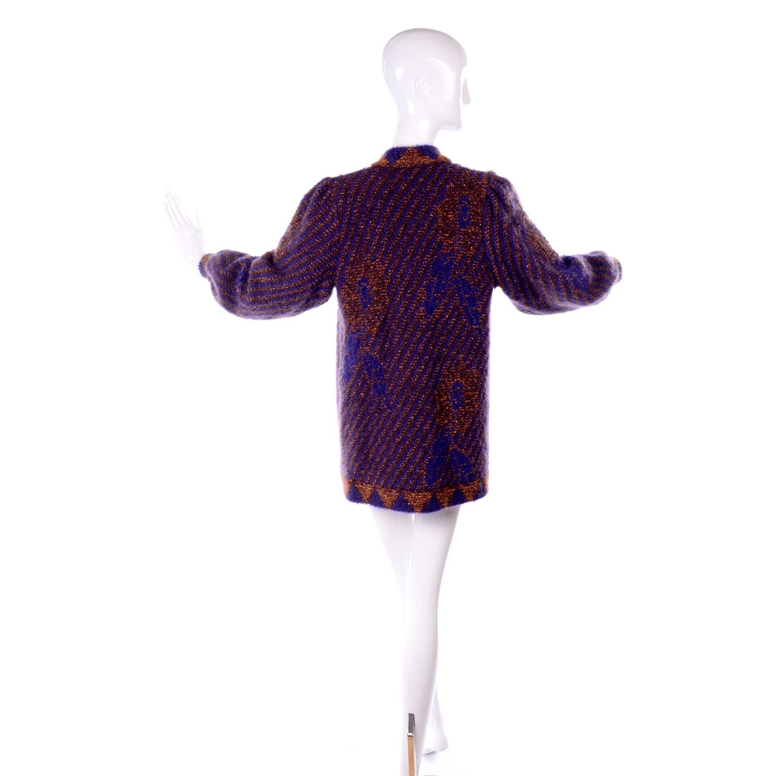 Black Escada Margaretha Ley Vintage Blue & Copper Mohair Wool Long Cardigan Sweater