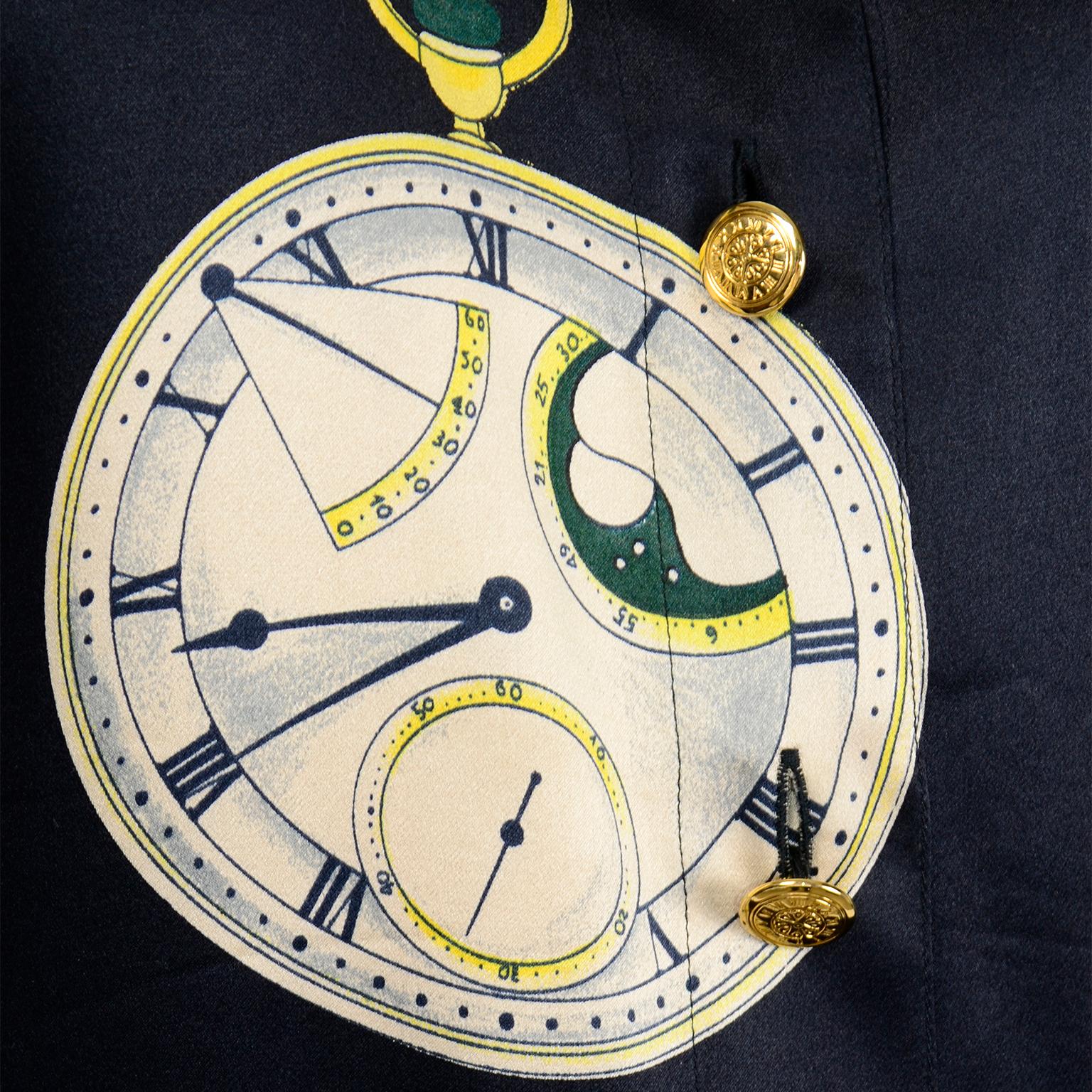 Escada Margaretha Ley Vintage Deadstock Clock Print Silk Blouse w Original Tags In New Condition In Portland, OR