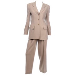 Escada Margaretha Ley Vintage Ecru or Khaki Brown Trouser &  Blazer Jacket Suit