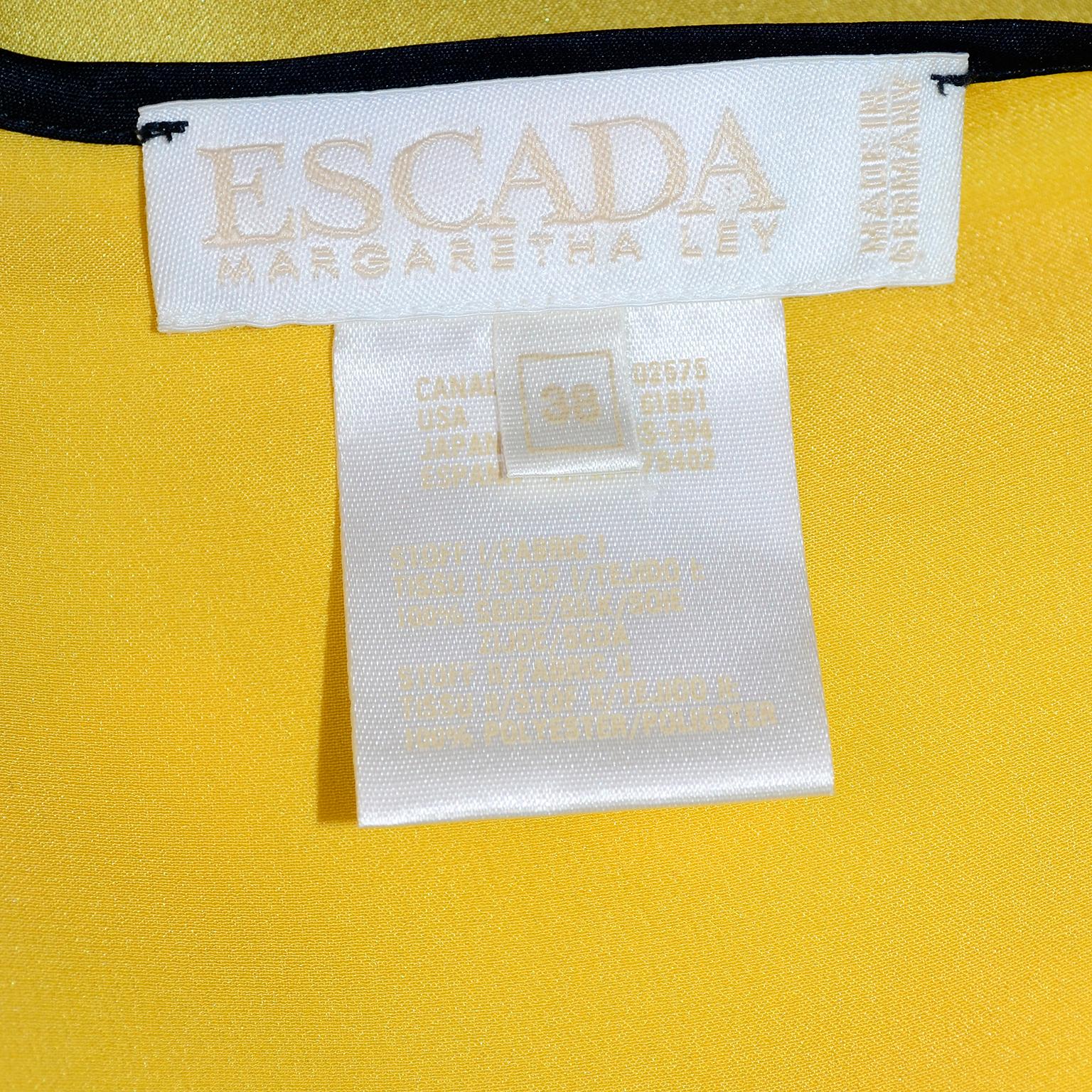 Escada Margaretha Ley Vintage Gold Yellow Silk Blouse Top w Keyhole & Black Trim 1