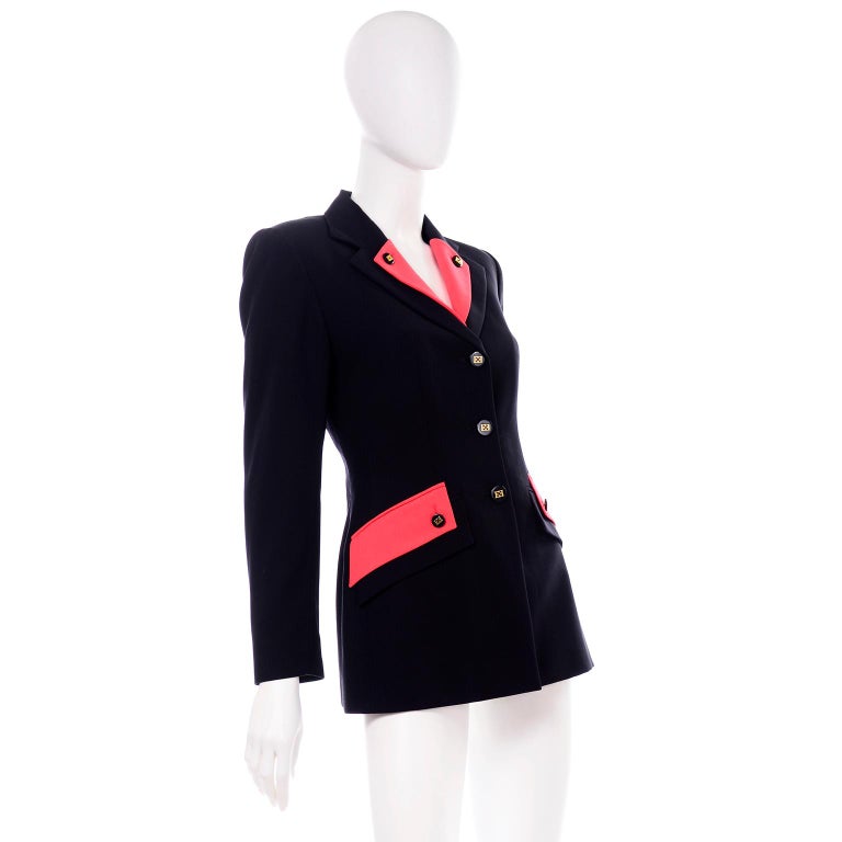 Black Escada Margaretha Ley Vintage Navy Blue Wool Blazer Jacket With Red Trim For Sale