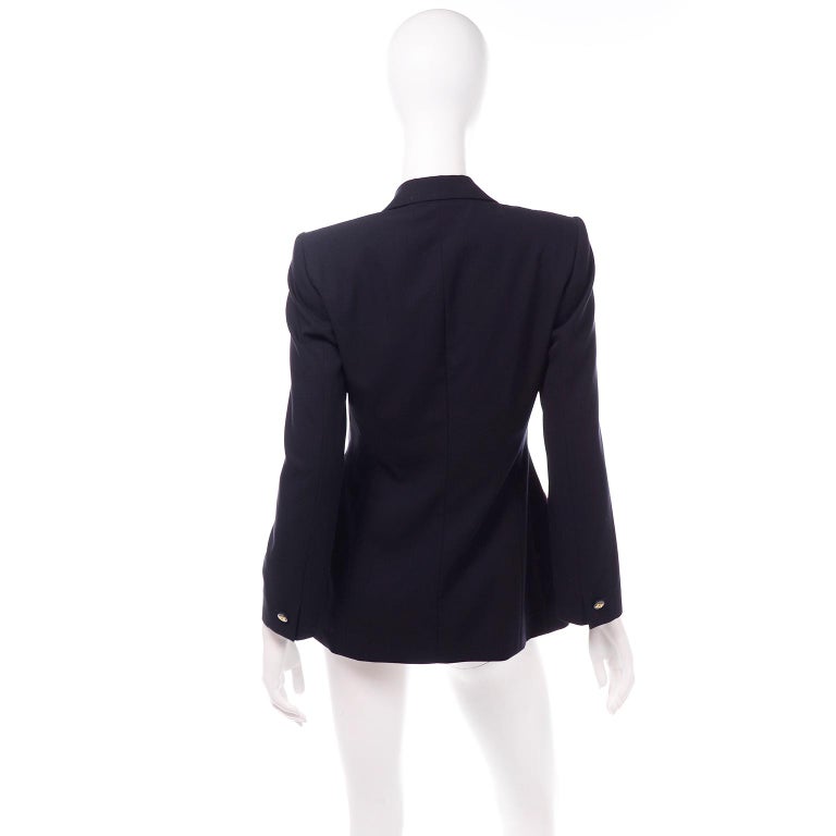Escada Margaretha Ley Vintage Navy Blue Wool Blazer Jacket With Red Trim In Excellent Condition For Sale In Portland, OR