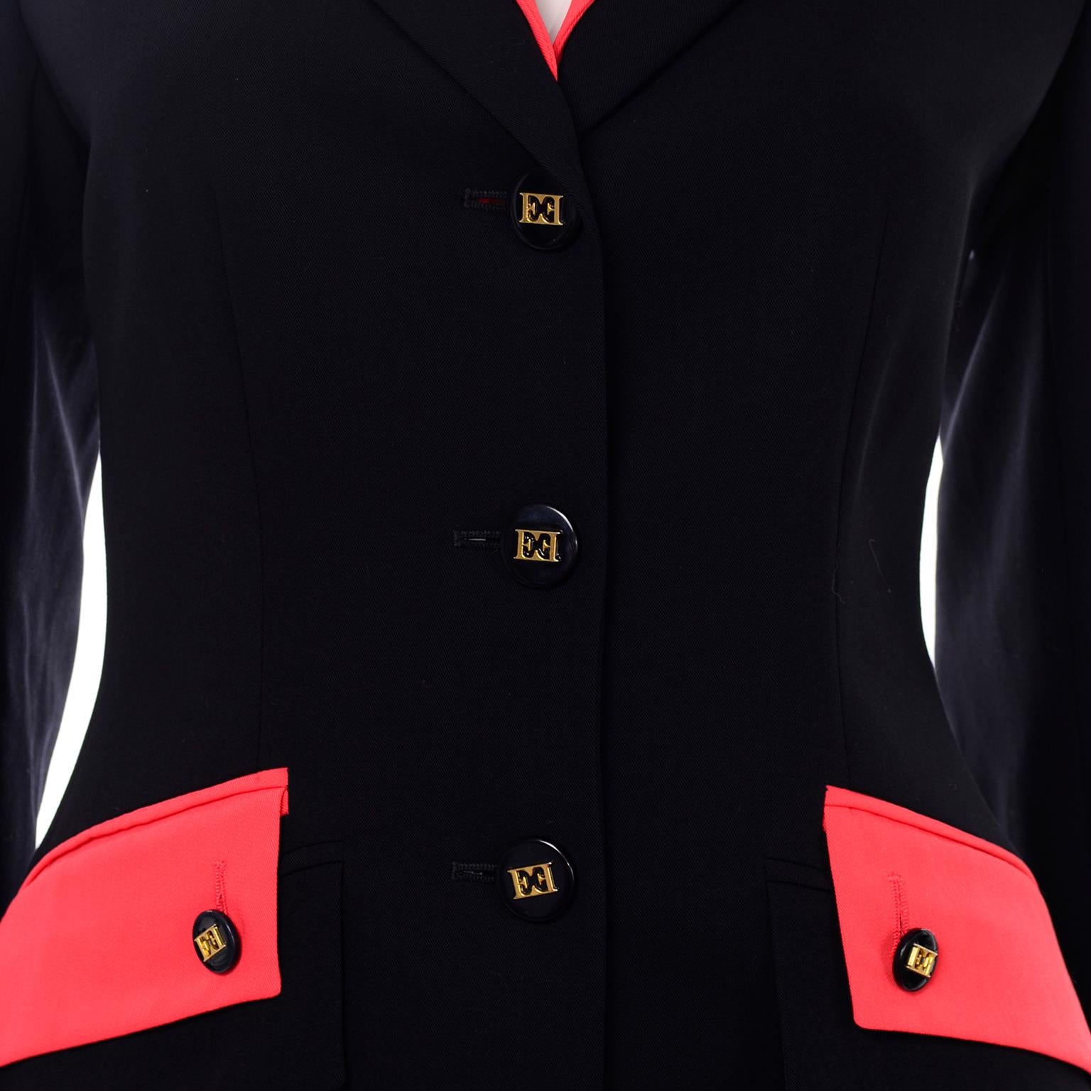 Black Escada Margaretha Ley Vintage Navy Blue Wool Blazer Jacket With Red Trim