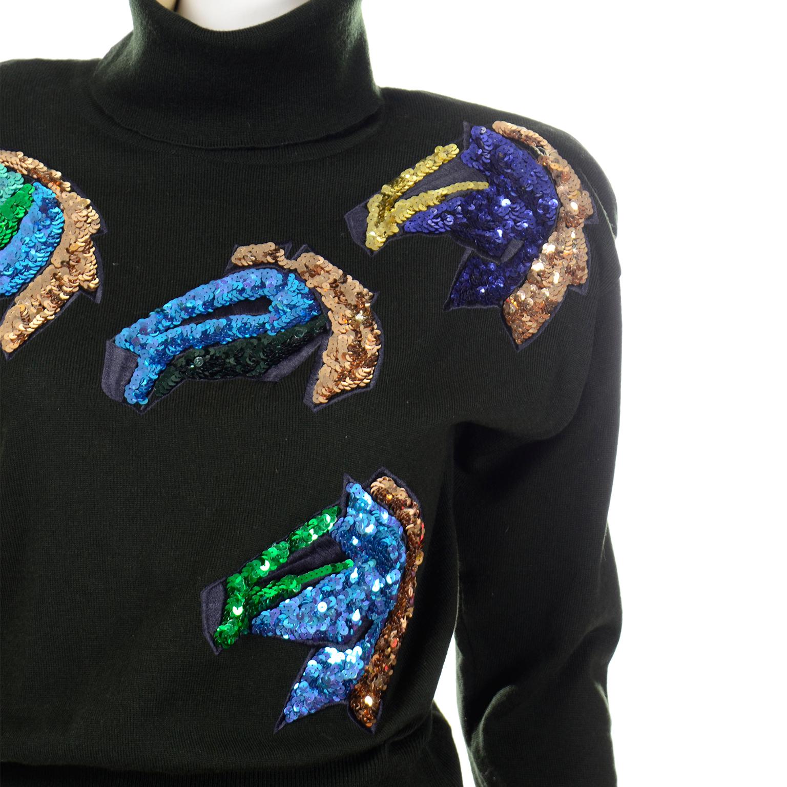 Escada Margaretha Ley Vintage Novelty Theme Sequin Horse Sweater In Excellent Condition In Portland, OR
