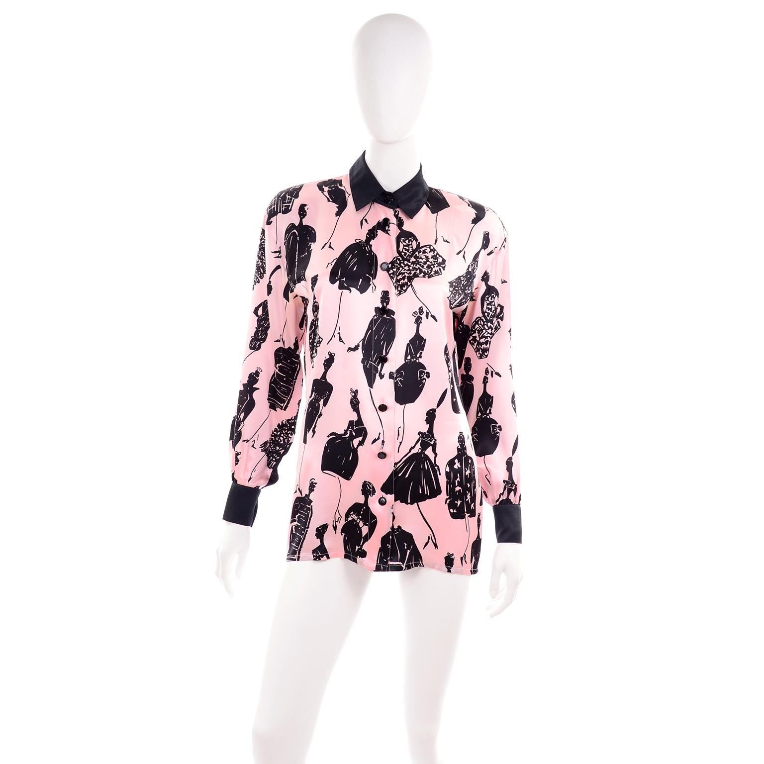 it's hard to find any better vintage blouses than those designed by Margaretha Ley for Escada!  We love the prints and the colors and of course, the quality.  This pink silk blouse has black cuffs and a black collar and the print is made of black