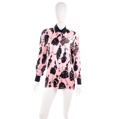 Escada Margaretha Ley Vintage Pink & Black  Silk Fashion Novelty Print Blouse