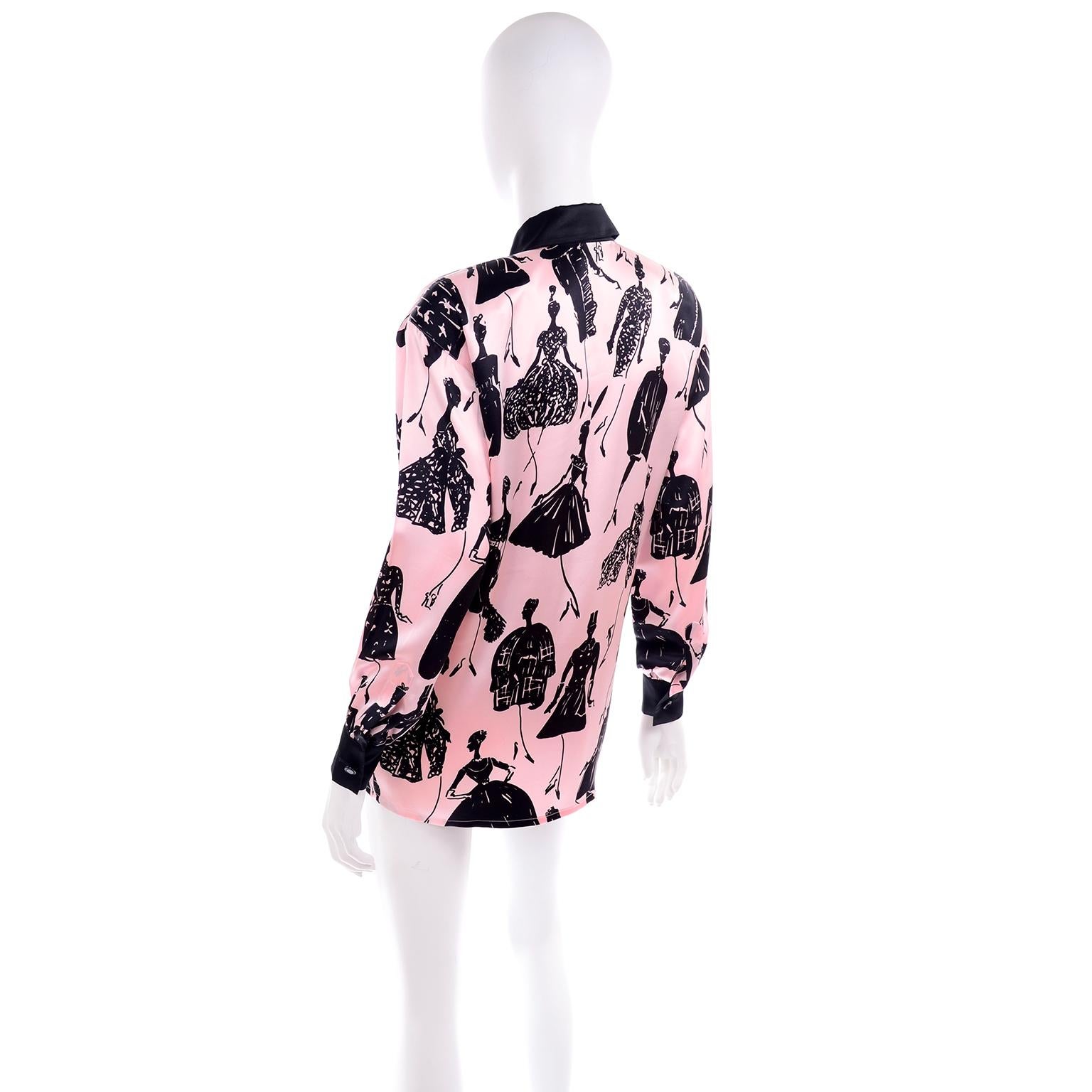 Beige Escada Margaretha Ley Vintage Pink & Black  Silk Fashion Novelty Print Blouse
