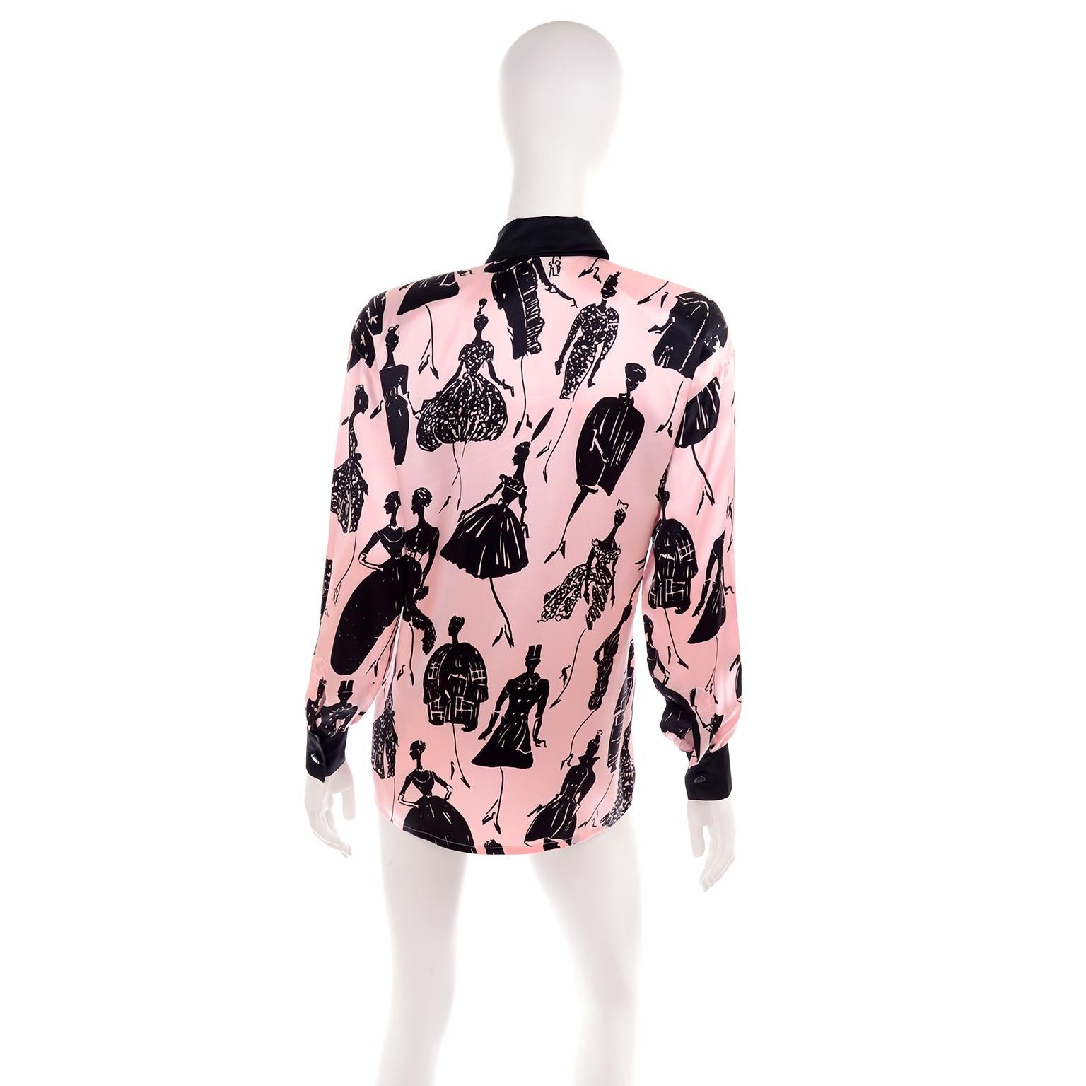 Escada Margaretha Ley Vintage Pink & Black  Silk Fashion Novelty Print Blouse In Good Condition In Portland, OR
