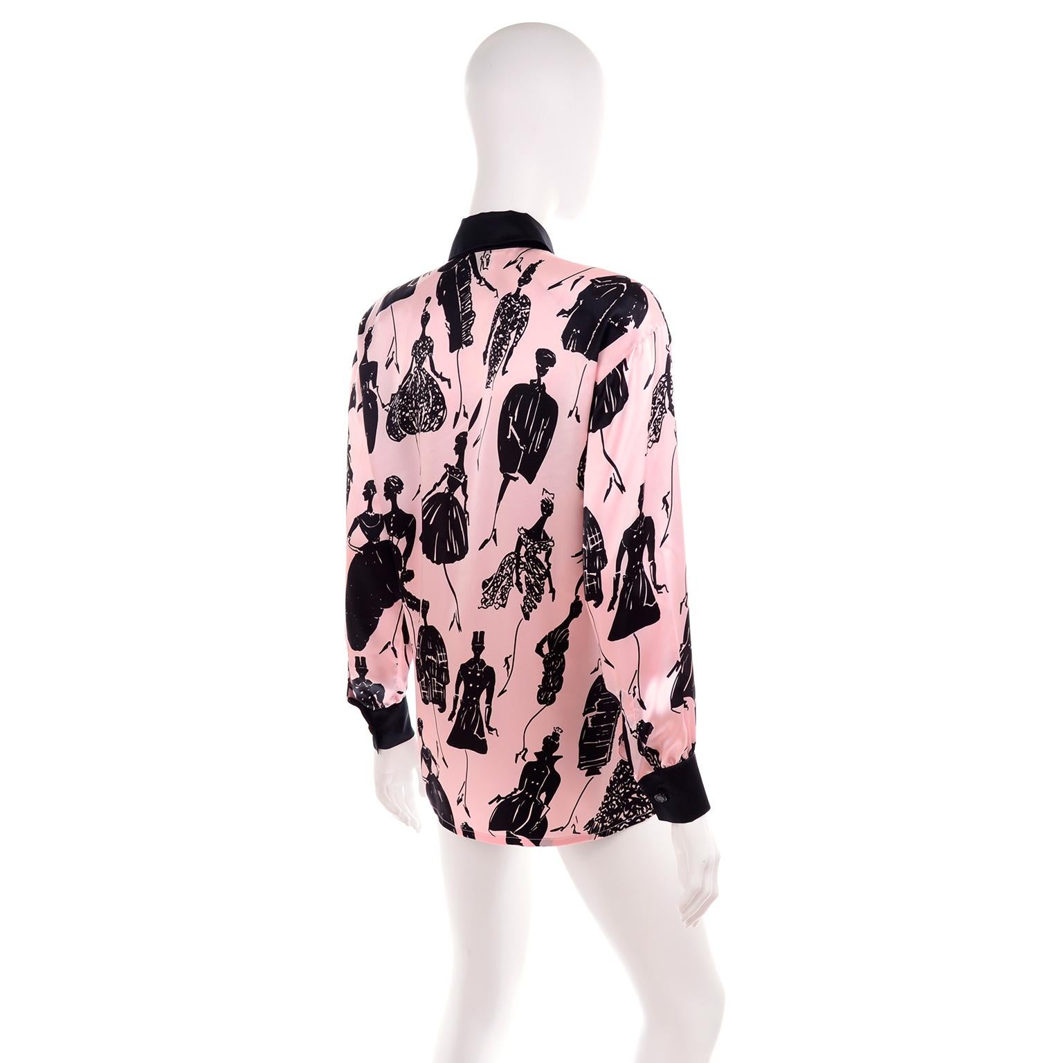Women's Escada Margaretha Ley Vintage Pink & Black  Silk Fashion Novelty Print Blouse
