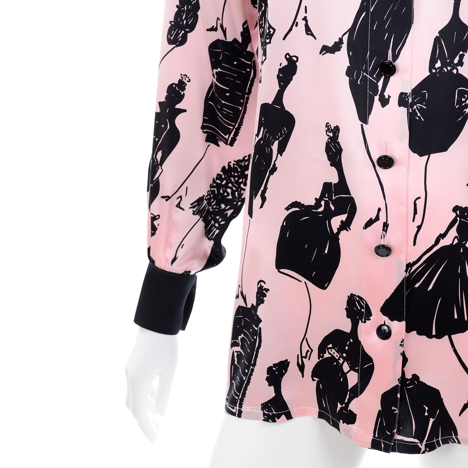 Escada Margaretha Ley Vintage Pink & Black  Silk Fashion Novelty Print Blouse 1