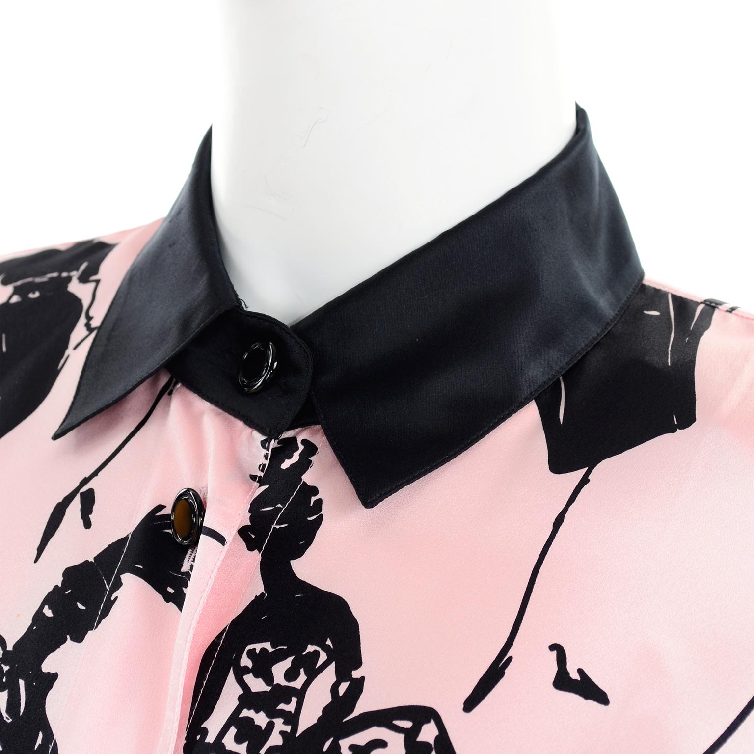 Escada Margaretha Ley Vintage Pink & Black  Silk Fashion Novelty Print Blouse 2