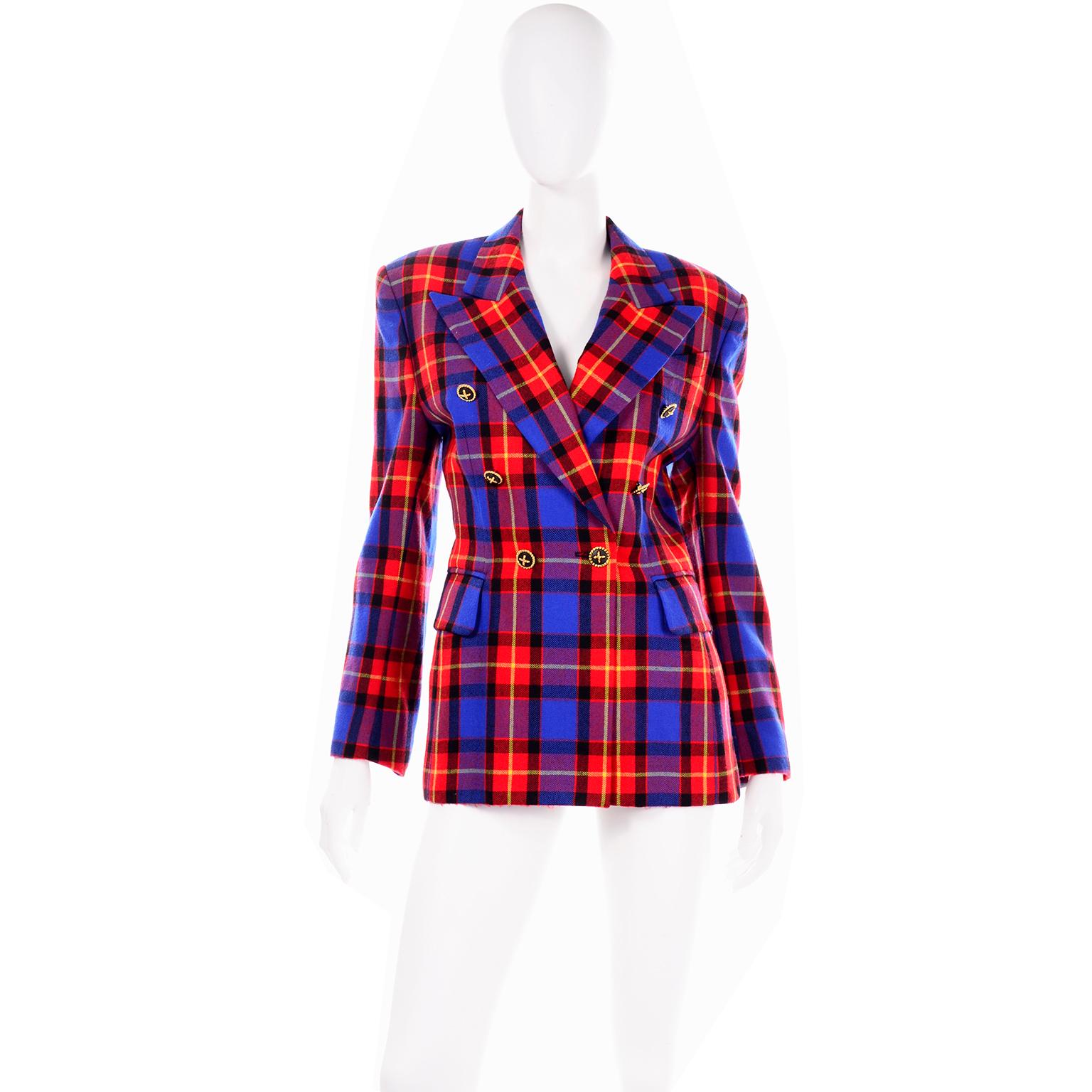 This is a lovely 1980's vintage red and blue plaid wool double breasted blazer from Escada, designed by Margaretha Ley. If you are a client of ours, you already know how much we love vintage Escada pieces!  They were so beautifully made and the