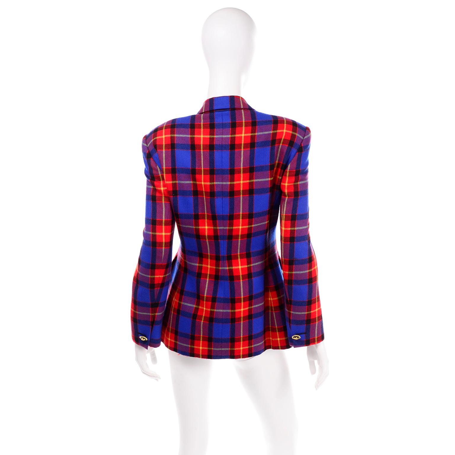 Escada Margaretha Ley Vintage Red and Blue 1980s Plaid Wool Blazer Jacket In Excellent Condition In Portland, OR
