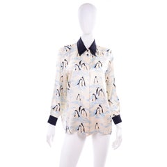 Escada Margaretha Ley Vintage Silk Blouse in Blue & Ivory Penguin Novelty Print