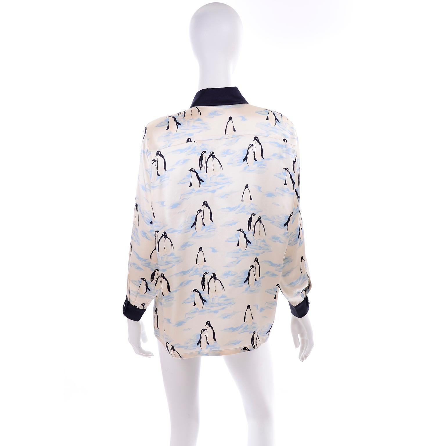 Escada Margaretha Ley Vintage Silk Blouse in Blue & Ivory Penguin Novelty Print In Excellent Condition In Portland, OR