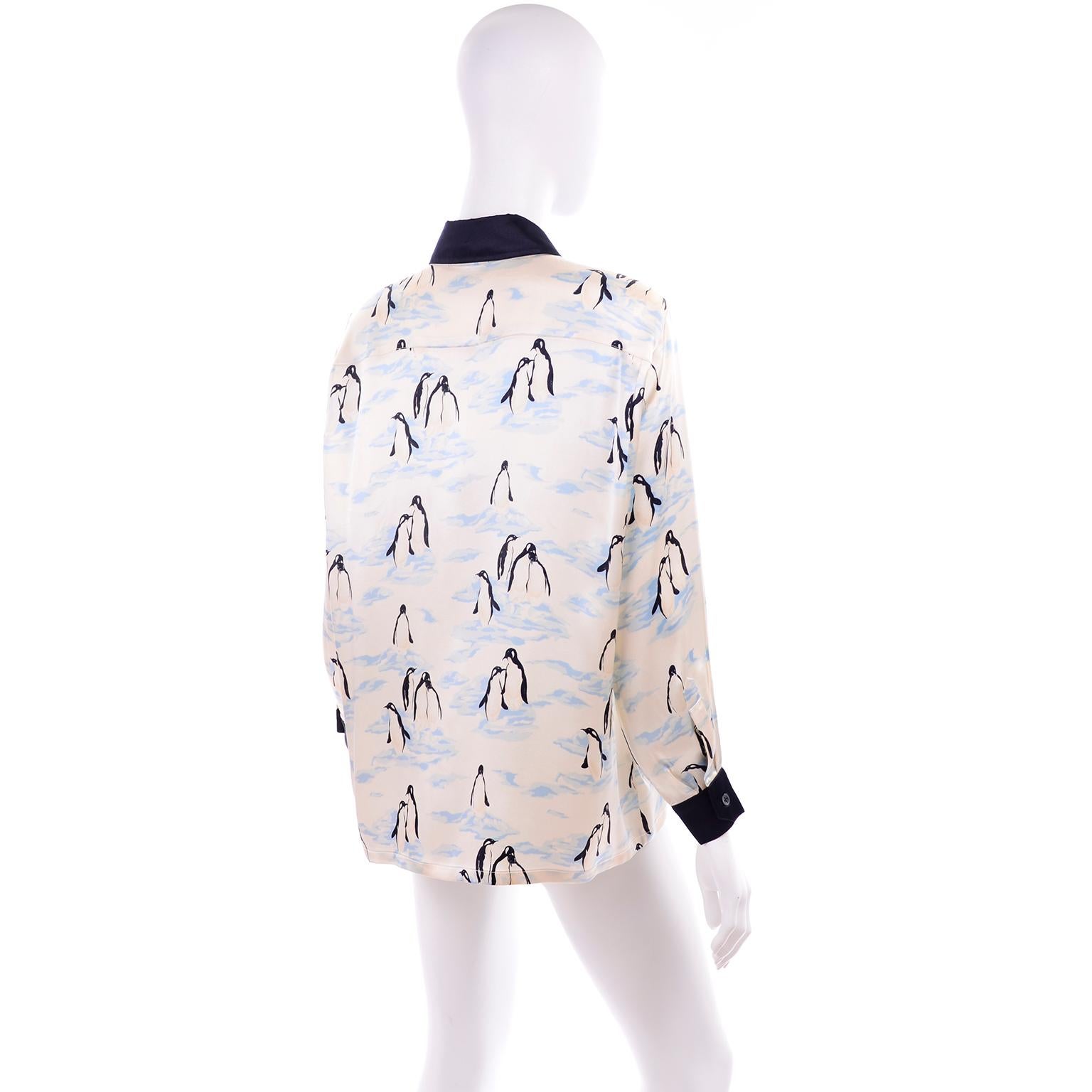 Women's Escada Margaretha Ley Vintage Silk Blouse in Blue & Ivory Penguin Novelty Print