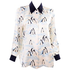 Escada Margaretha Ley Vintage Silk Blouse in Blue & Ivory Penguin Novelty Print