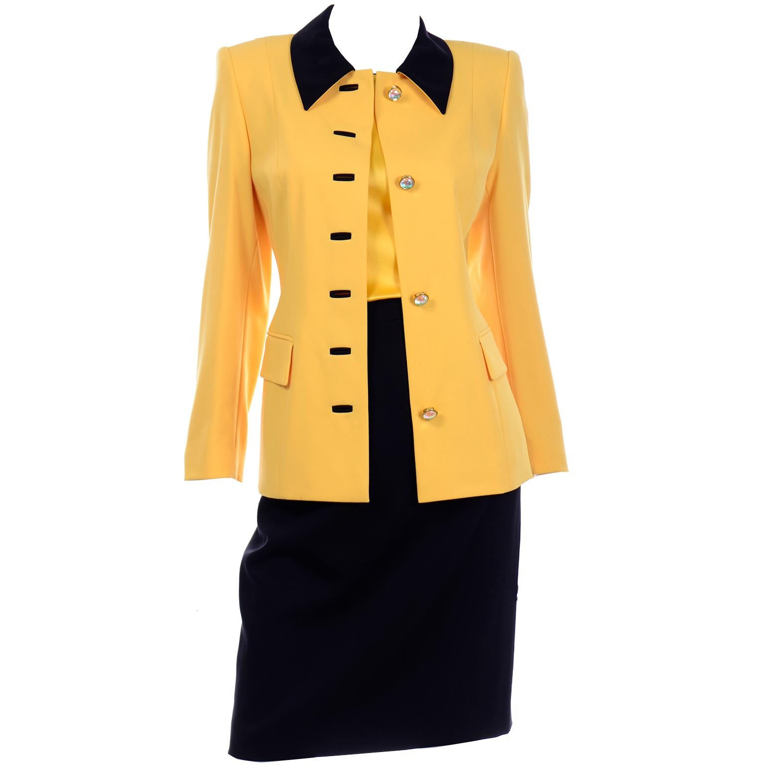 Escada Margaretha Ley Vintage Suit Yellow Jacket Silk Top & Black Pencil Skirt 5