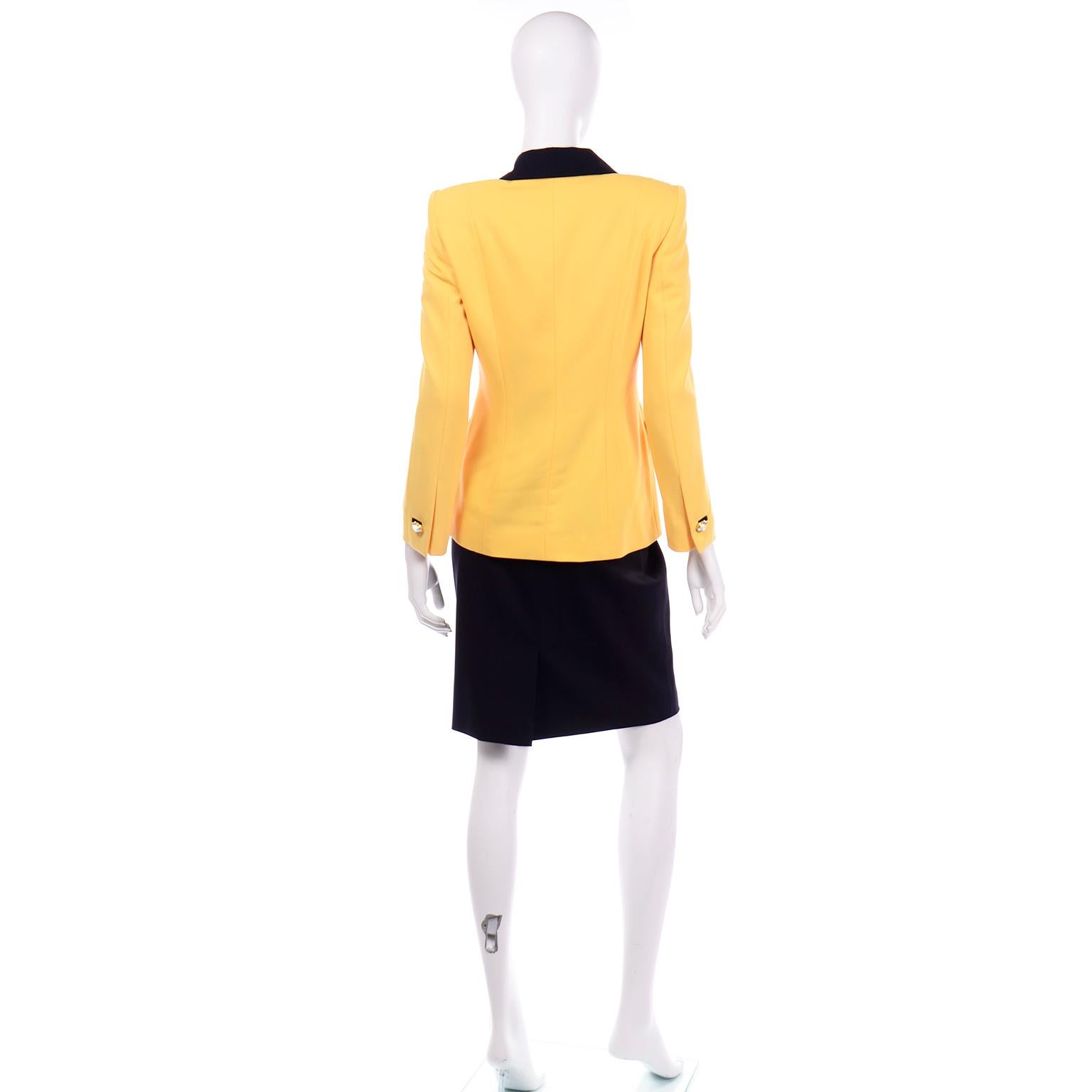 Donna Escada Margaretha Ley Escada abito vintage giacca gialla top in seta e gonna a tubino nera