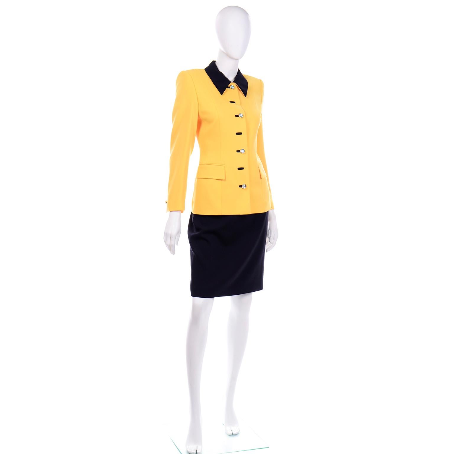 Orange Escada Margaretha Ley Vintage Suit Yellow Jacket Silk Top & Black Pencil Skirt