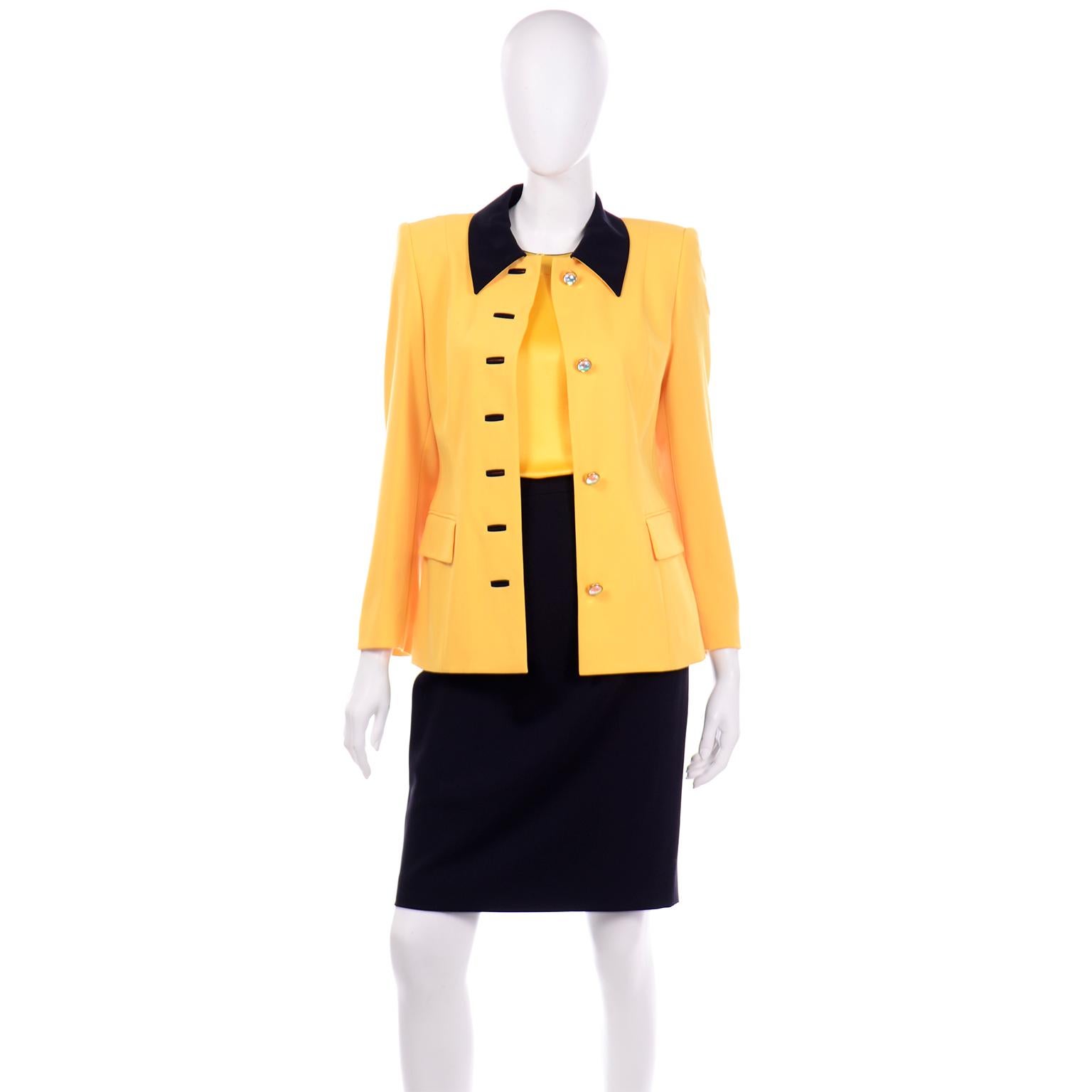 Escada Margaretha Ley Vintage Suit Yellow Jacket Silk Top & Black Pencil Skirt In Excellent Condition In Portland, OR