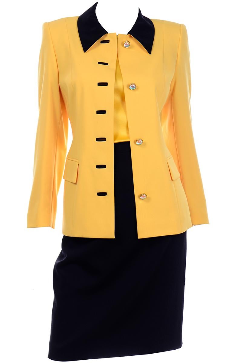 Women's Escada Margaretha Ley Vintage Suit Yellow Jacket Silk Top & Black Pencil Skirt