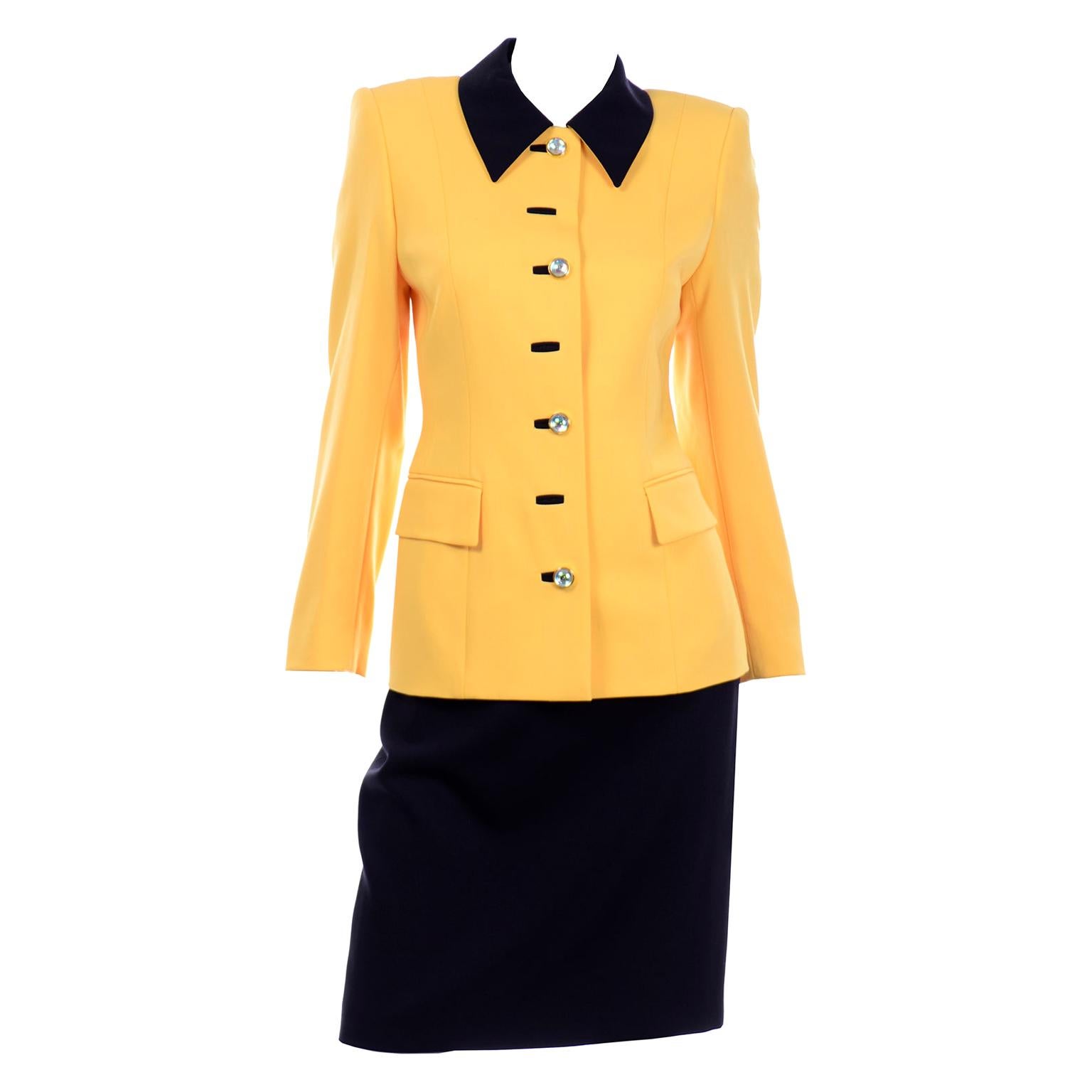 Escada Margaretha Ley Vintage Suit Yellow Jacket Silk Top & Black Pencil Skirt