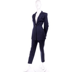 Escada Margaretha Ley Vintage Trouser & Jacket Pant Suit Textured Blue Cotton