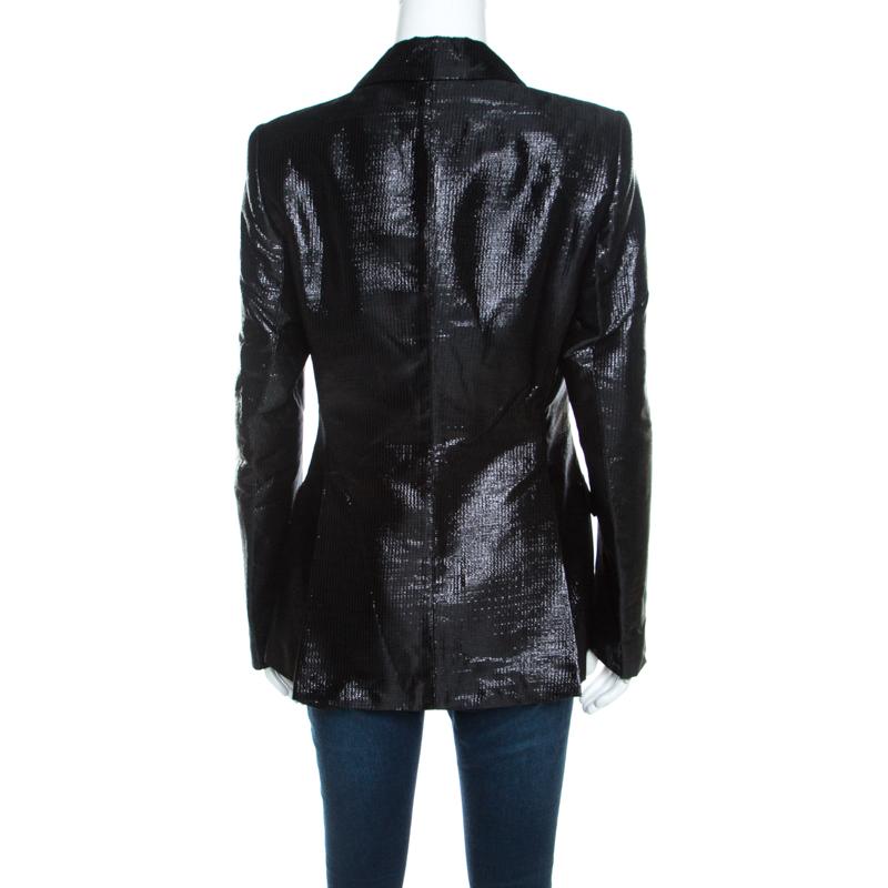Women's Escada Metallic Black Satin Trim Tailored Blazer L