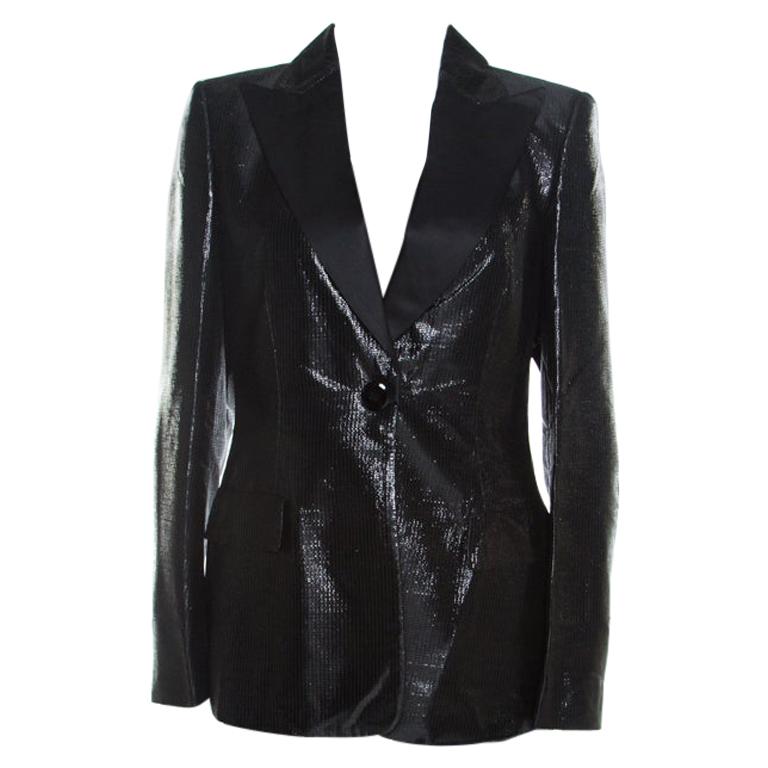 Escada Metallic Black Satin Trim Tailored Blazer L