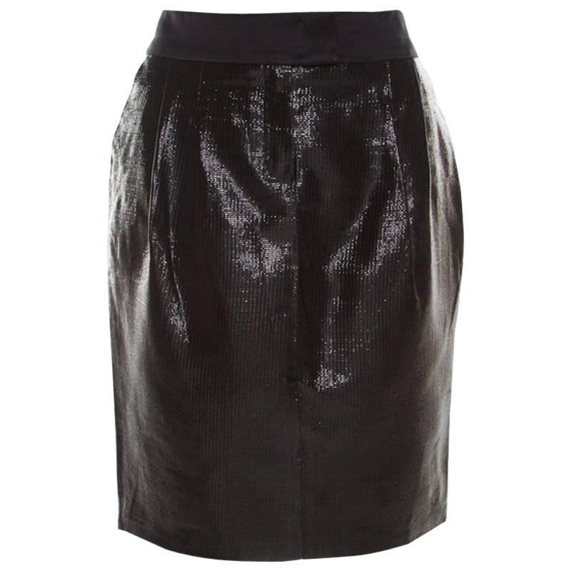 Escada Metallic Black Satin Trim Tailored Skirt L