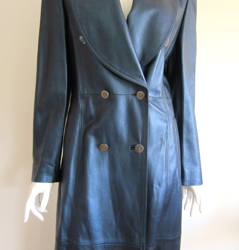 Escada Metallic Blue Leather Trench Overcoat Size 38 1990s New With Tags  Coat For Sale at 1stDibs