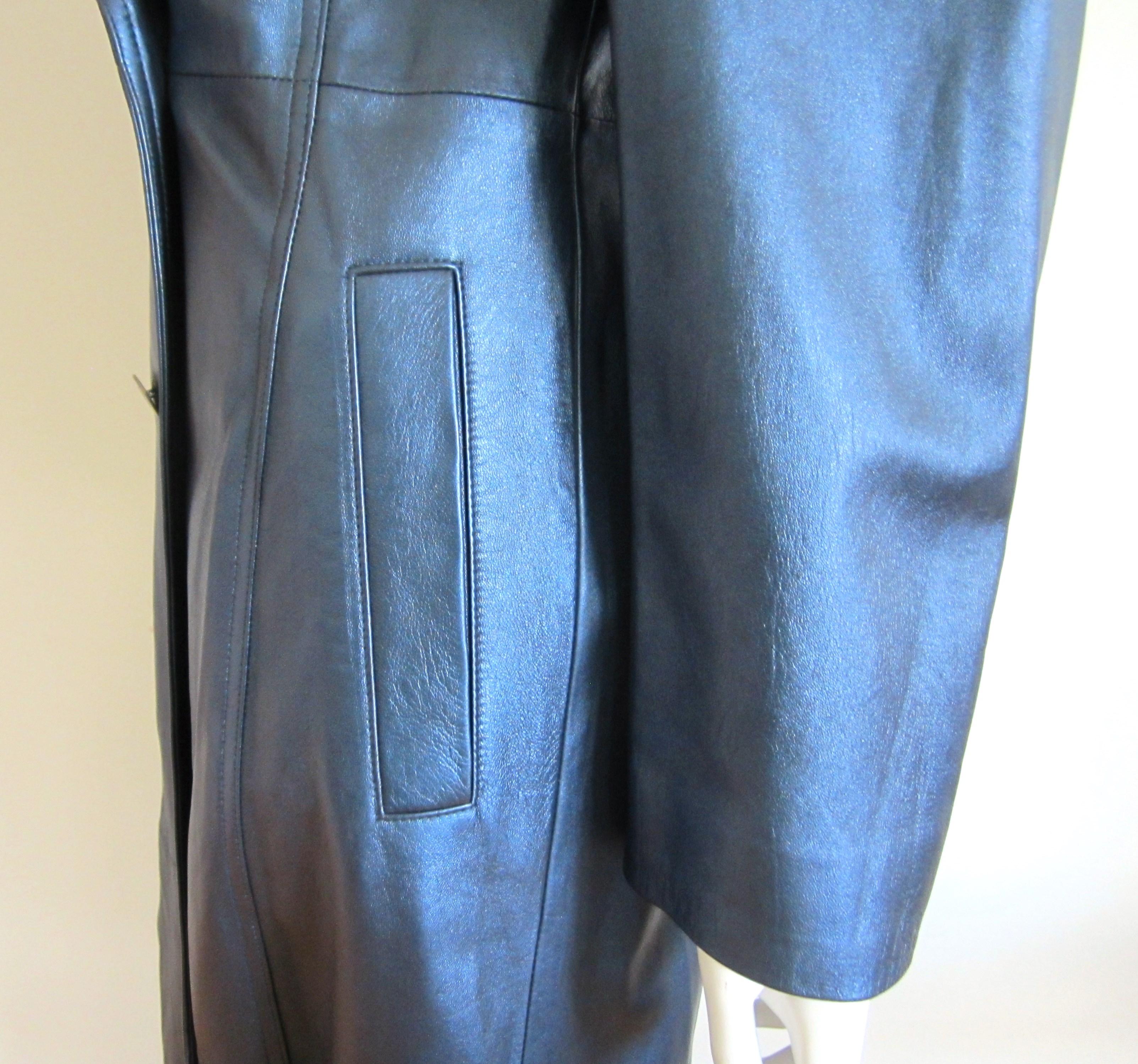 Escada Metallic Blue Leather Trench Overcoat Size 38 1990s New With Tags Coat  In New Condition For Sale In Wallkill, NY