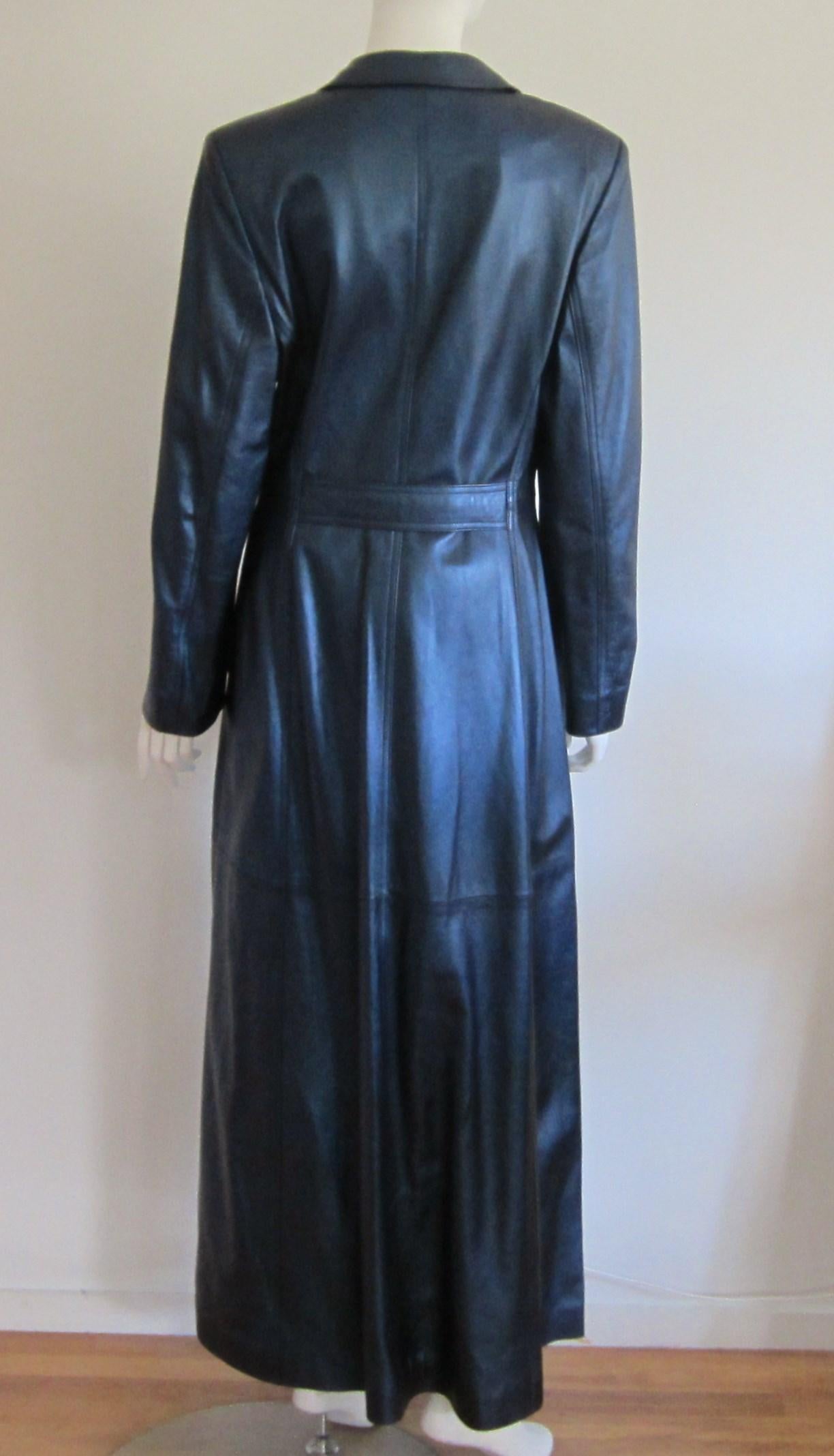 Escada Metallic Blue Leather Trench Overcoat Size 38 1990s New With Tags Coat  For Sale 1