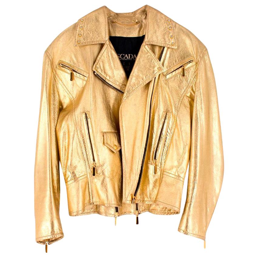 Escada Metallic Gold Leather Biker Jacket US 8