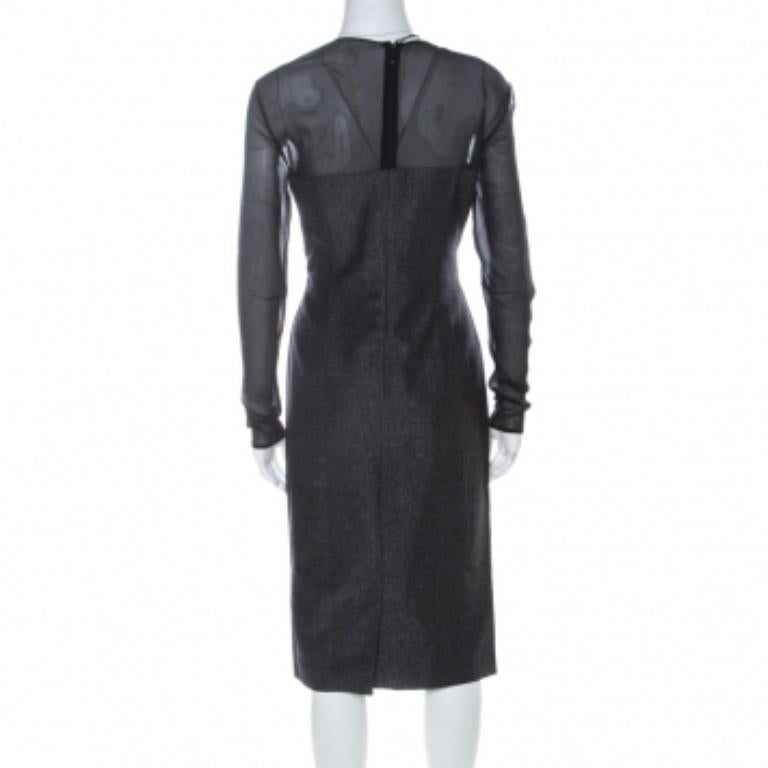 Noir Escada Metallic Grey Wool Blend Sheer Yoke Dariello Pencil Dress M en vente